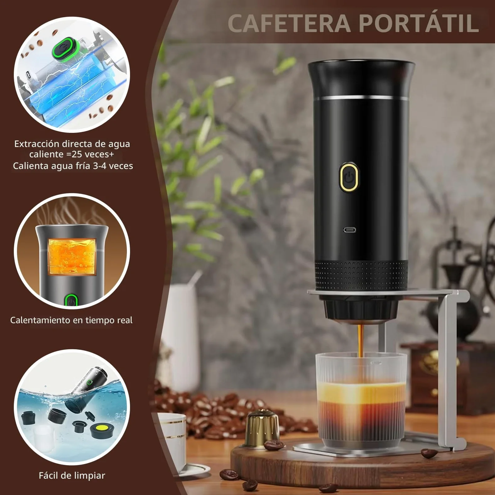 PZCC Cafetera Portatil, Cafetera Portátil Cápsula de Espresso 3 en 1, Autocalentamiento de 2a6 Minutos, Para Cápsulas Pequeñas o Grandes y Café Molido,Cafetera Portátil para Oficina y Hogar (Negro)