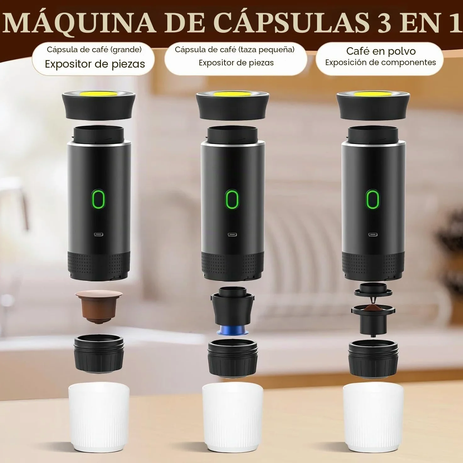Máquina de café expreso portátil, autocalentamiento de 4 a 6 minutos, cafetera portátil 3 en 1, carga de tiempo lento, 50 cápsulas, para una pequeña