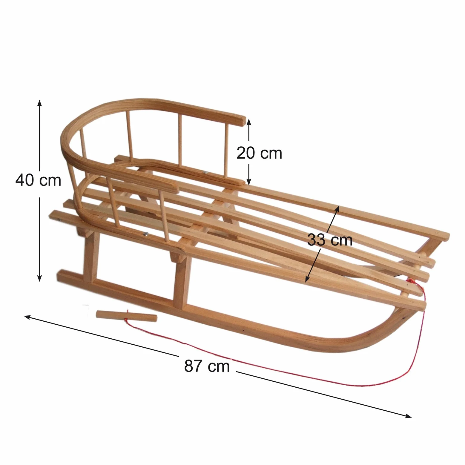 Trineo de madera con respaldo y remolcador para niños