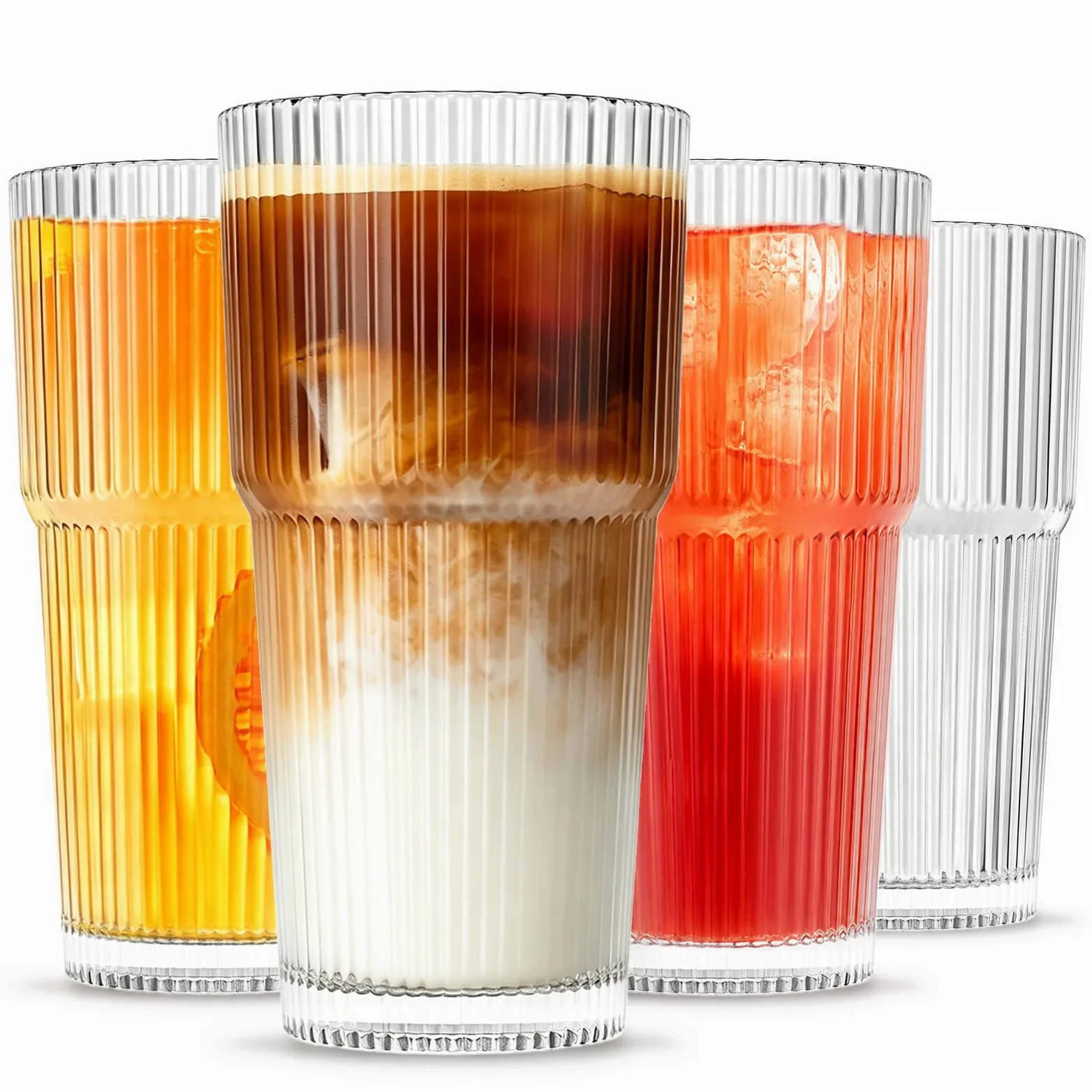 INSETLAN Juego de 4 vasos de vidrio acanalado de 20 onzas, vasos de gran capacidad para café helado, agua, jugo y cócteles, elegante cristalería moderna para uso diario y ocasiones especiales | Tazas para café helado, agua, jugo y cócteles - Elegante cris