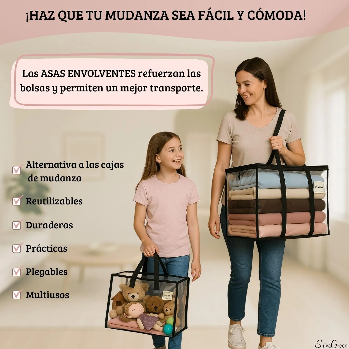 Bolsas de Mudanza Grandes 4+2 Pequeñas – Resistentes con Cremallera Doble y Asas Reforzadas – Impermeables, Plegables y Reutilizables – Alternativa a Cajas de Mudanza y Almacenaje Ropa
