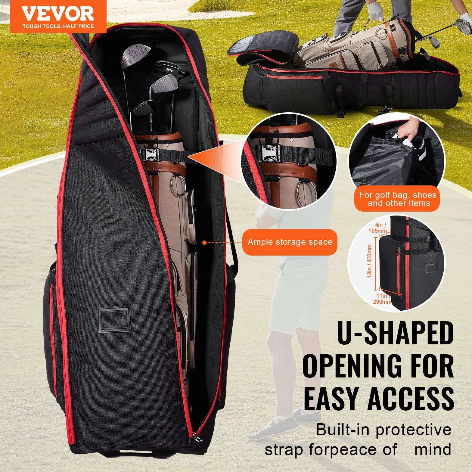 VEVOR Funda de Viaje de Golf Blanda, Poliéster Oxford 1800D, Resistente al Agua, Acolchada, con Ruedas, Plegable, 520 x 450 x 1420 mm