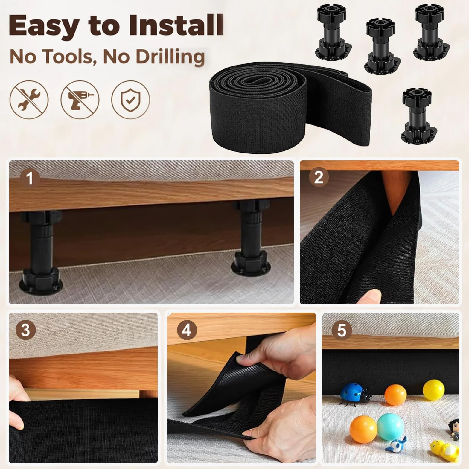 Bloqueador Debajo del Sofá, Protector Huecos Muebles, Patas Ajustables, Correa Nylon 7,5CM x 3,35M
