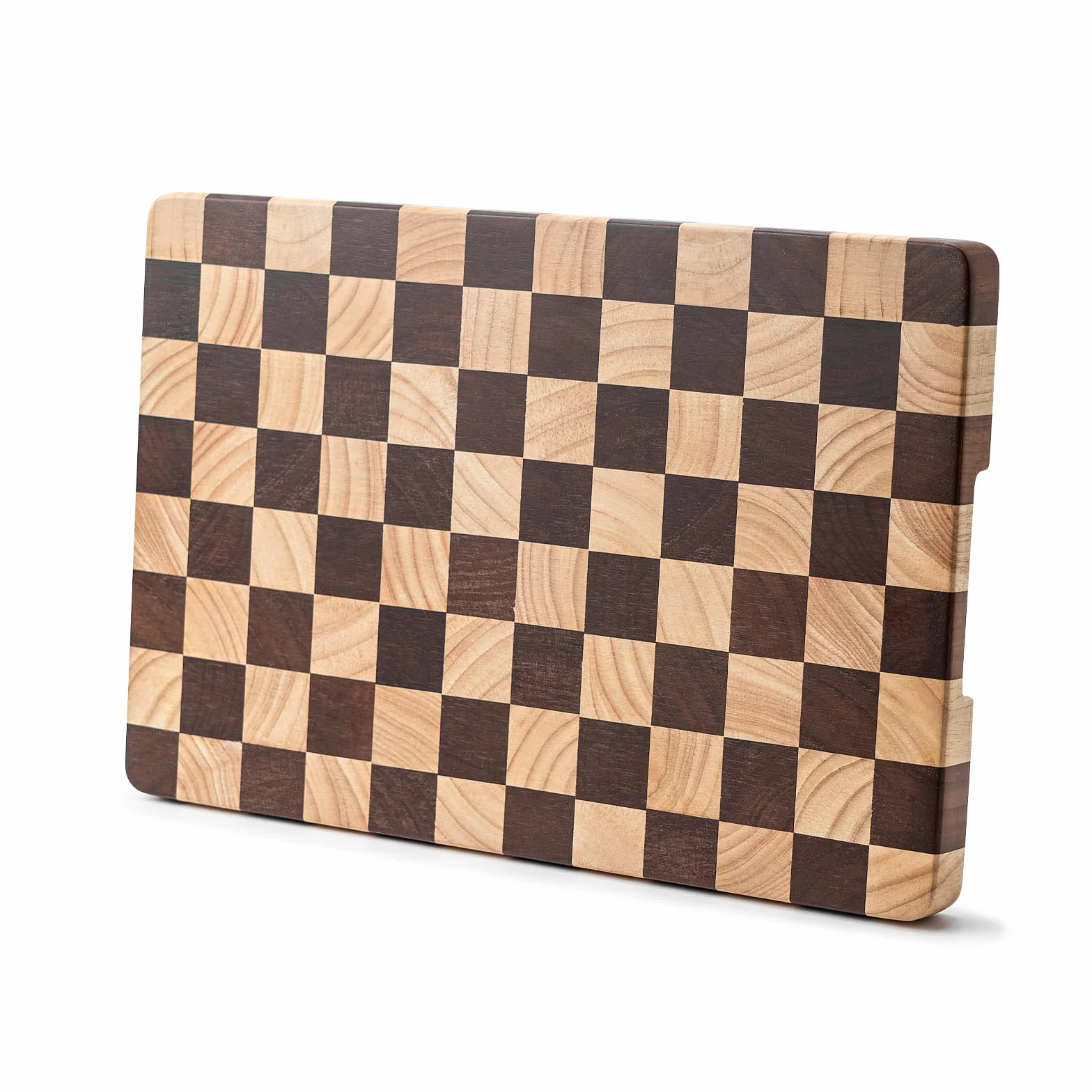 Bill.F - Tabla de cortar de madera, 36 x 24 x 2,5 cm, con patrón de tablero de ajedrez y asas laterales interiores, tabla de cortar ideal para cortar carne, cortar verduras, quesos y pan