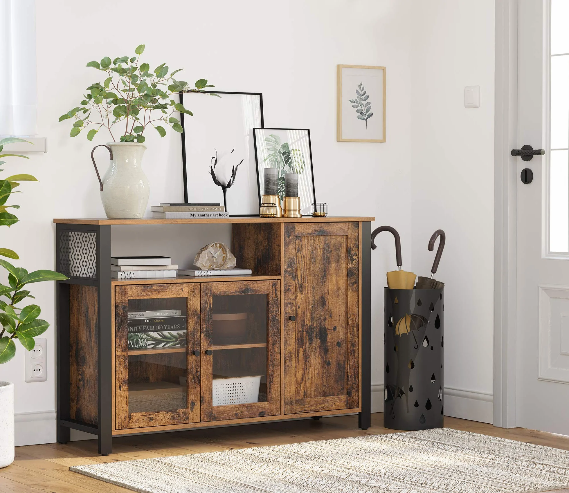 VASAGLE Aparador, Armario de Cocina, Armario de Almacenaje, con 3 Puertas, para Salón, Cocina, Comedor, 33 x 110 x 75 cm, Estilo Casa de Campo, Marrón Rústico y Negro LSC096B01