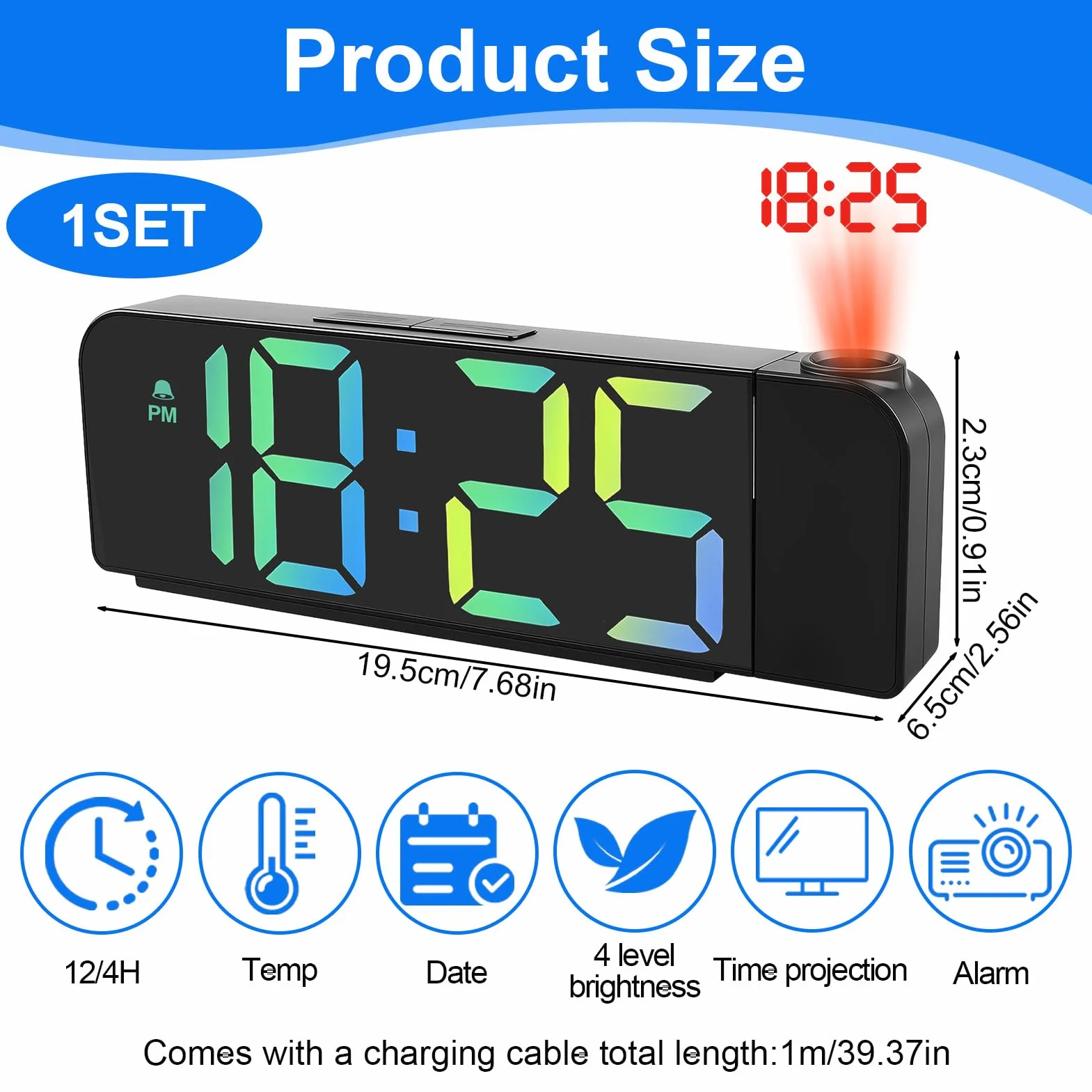 Reloj Despertador de Proyección Digital, 180° Pantalla LCD Grande con Proyector, Temperatura, 3 Niveles de Brillo, Modo nocturno, 19.5cm Alimentación por USB, 12/24 h, para Niños, Ancianos(Noir)