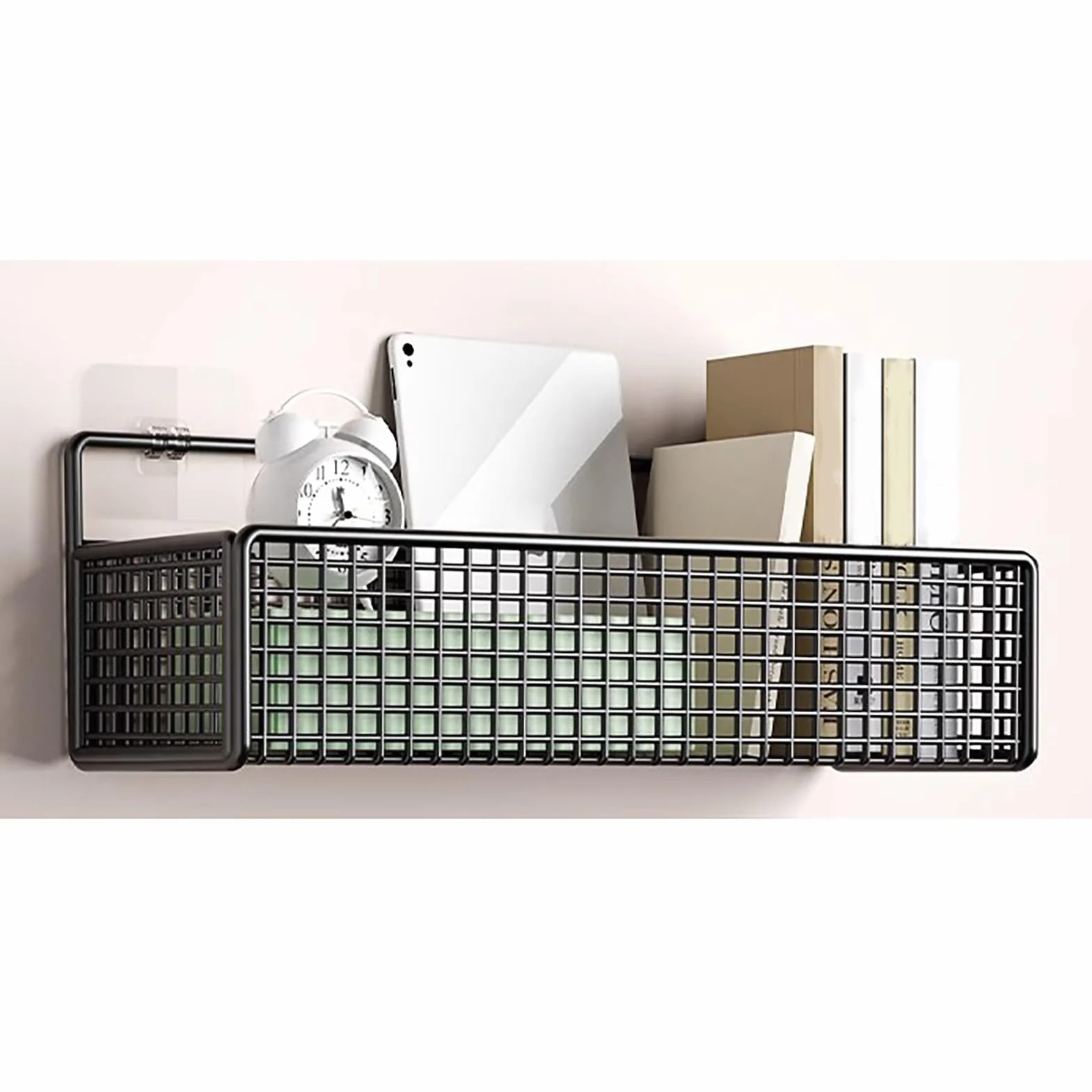 Tyenaza Cesta de Almacenamiento de Pared, Cestas de Almacenamiento de Metal Colgantes, Soporte de Pared de Cesta de Alambre de Metal, Sin Taladrar, para Dormitorio, Baño, Cocina, Negro(27x15x9cm)