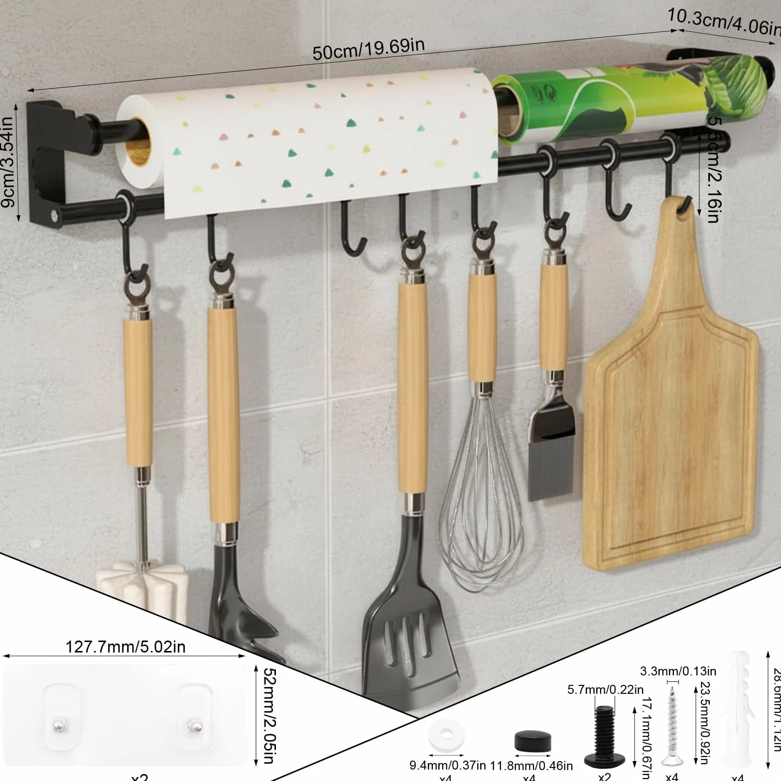 PARFCO Barra Cocina Colgar Utensilios 50 cm, Barra Colgante de Cocina Negra con 8 Ganchos Extraíbles, Porta Utensilios de Cocina, para Espacio para Espátulas, Tablas y Cucharas