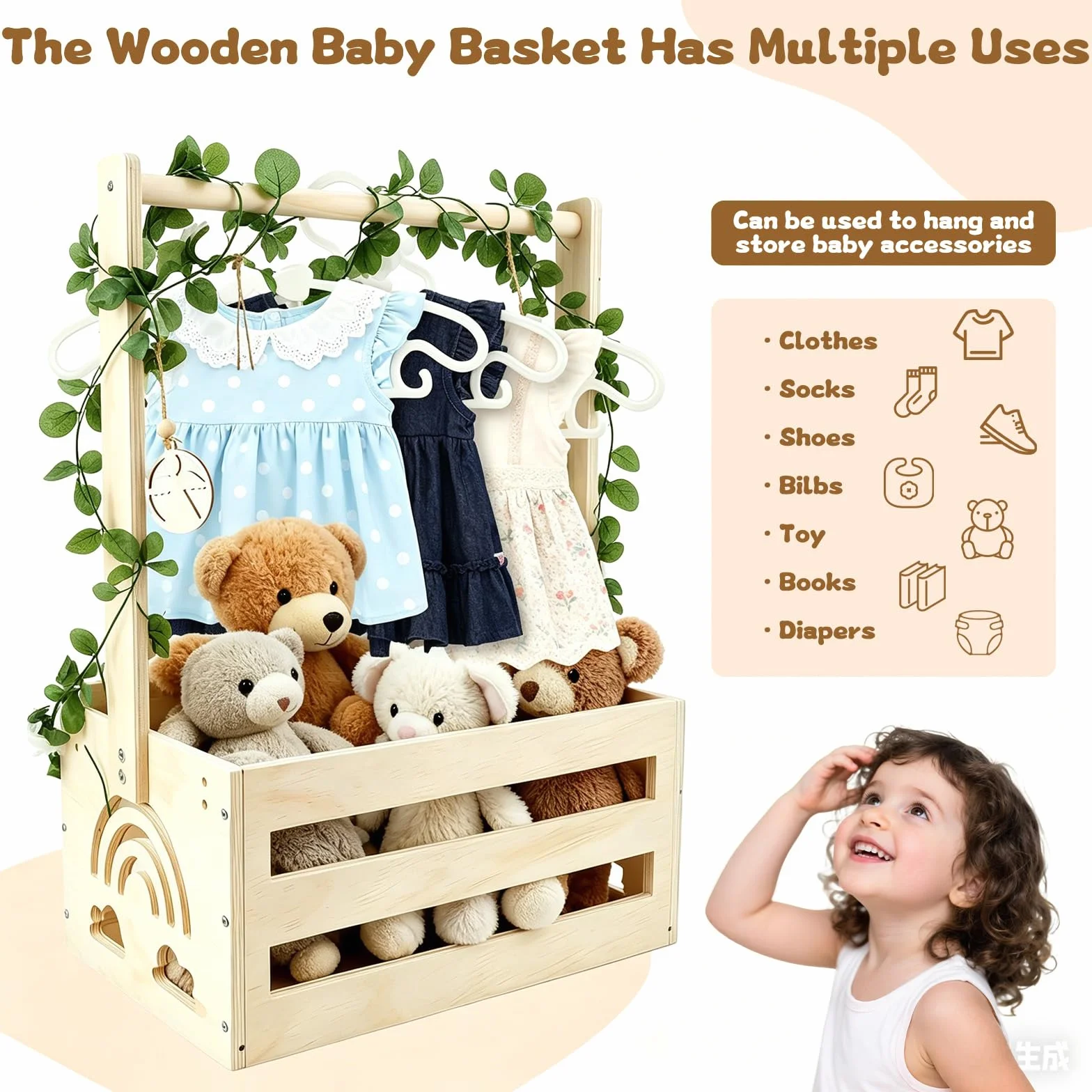 Cesta de Madera para Bebé con Asa, Regalo Baby Shower, Armario Práctico