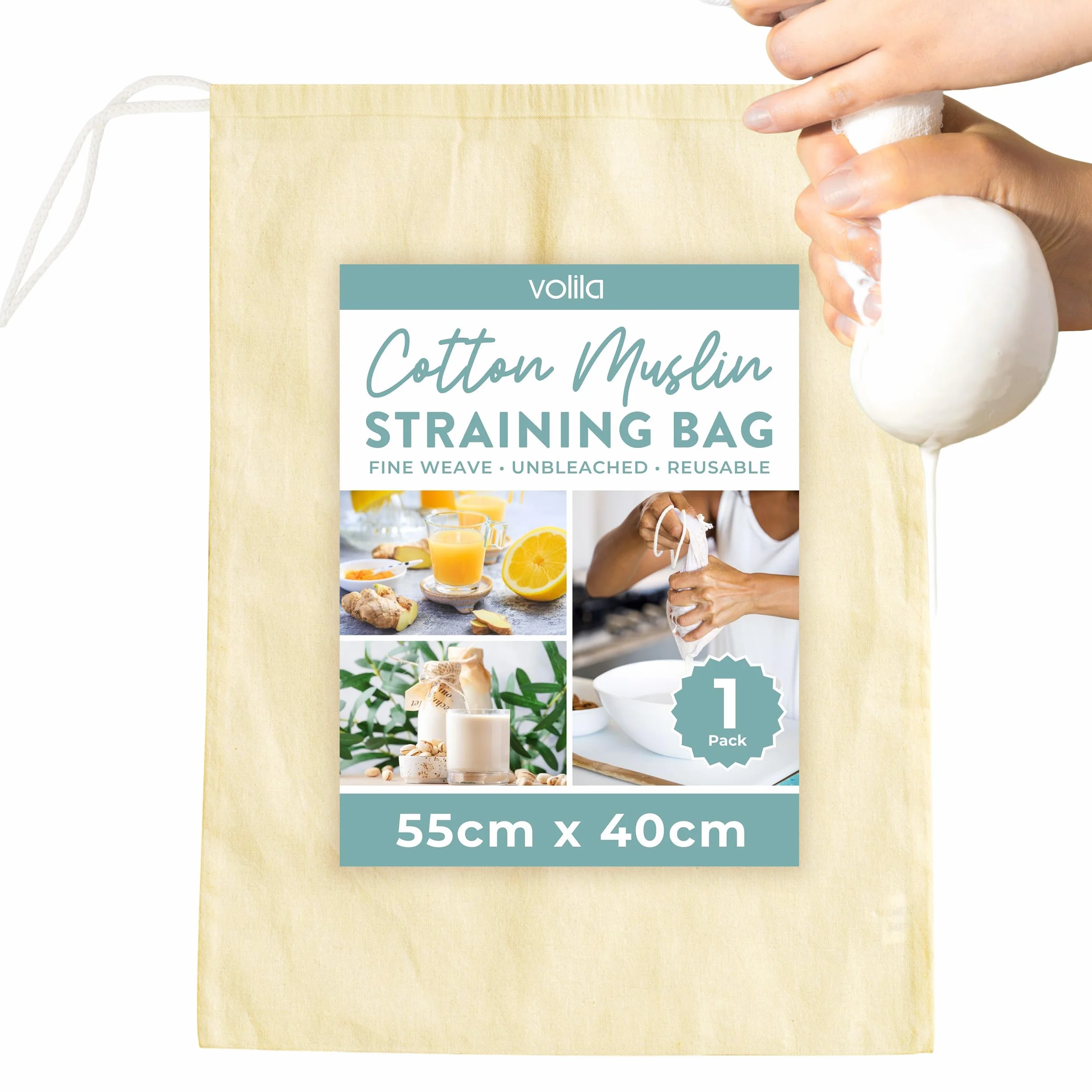 volila Cheese Cloth, Colador Tela - 1 Paquete (55 x 40cm) Colador de Tela de Algodón Sin Blanquear con Cordón - Bolsas de Malla Fina Lavables para Colar Jugo, Leche, Vino y Yogur