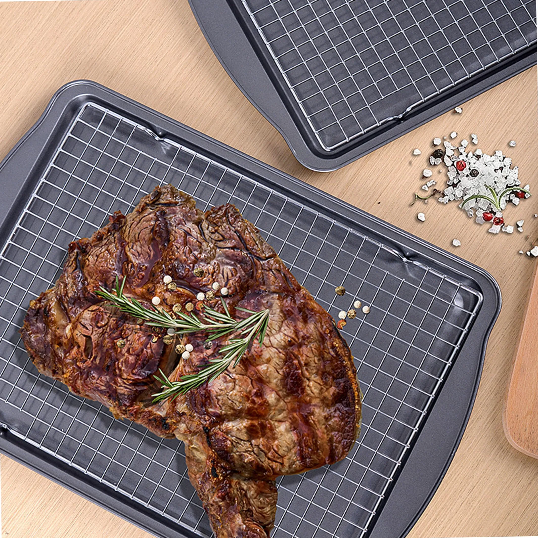 Bandeja para hornear con rejilla, 1 juego de bandeja para hornear con revestimiento antiadherente con rejilla: portátil para horno de acero inoxidable, distribución uniforme del calor para