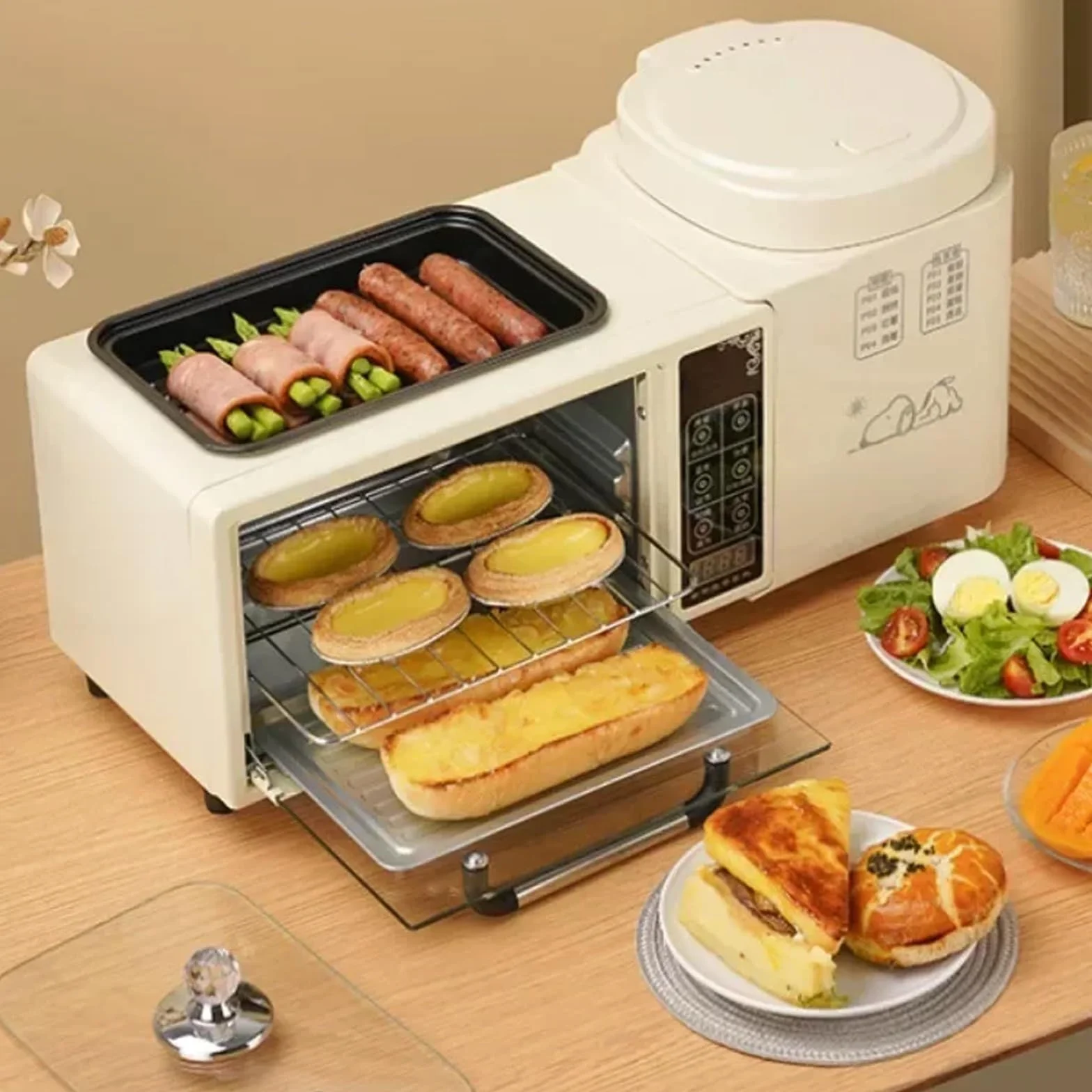 Estación de Desayuno 4 en 1, Máquina Para Hacer Desayuno Inteligente Multifunción con Horno de 2 Capas, Vaporera Eléctrica de 1 Litro y Sartén Eléctrica, Control de Temperatura Independiente, D white