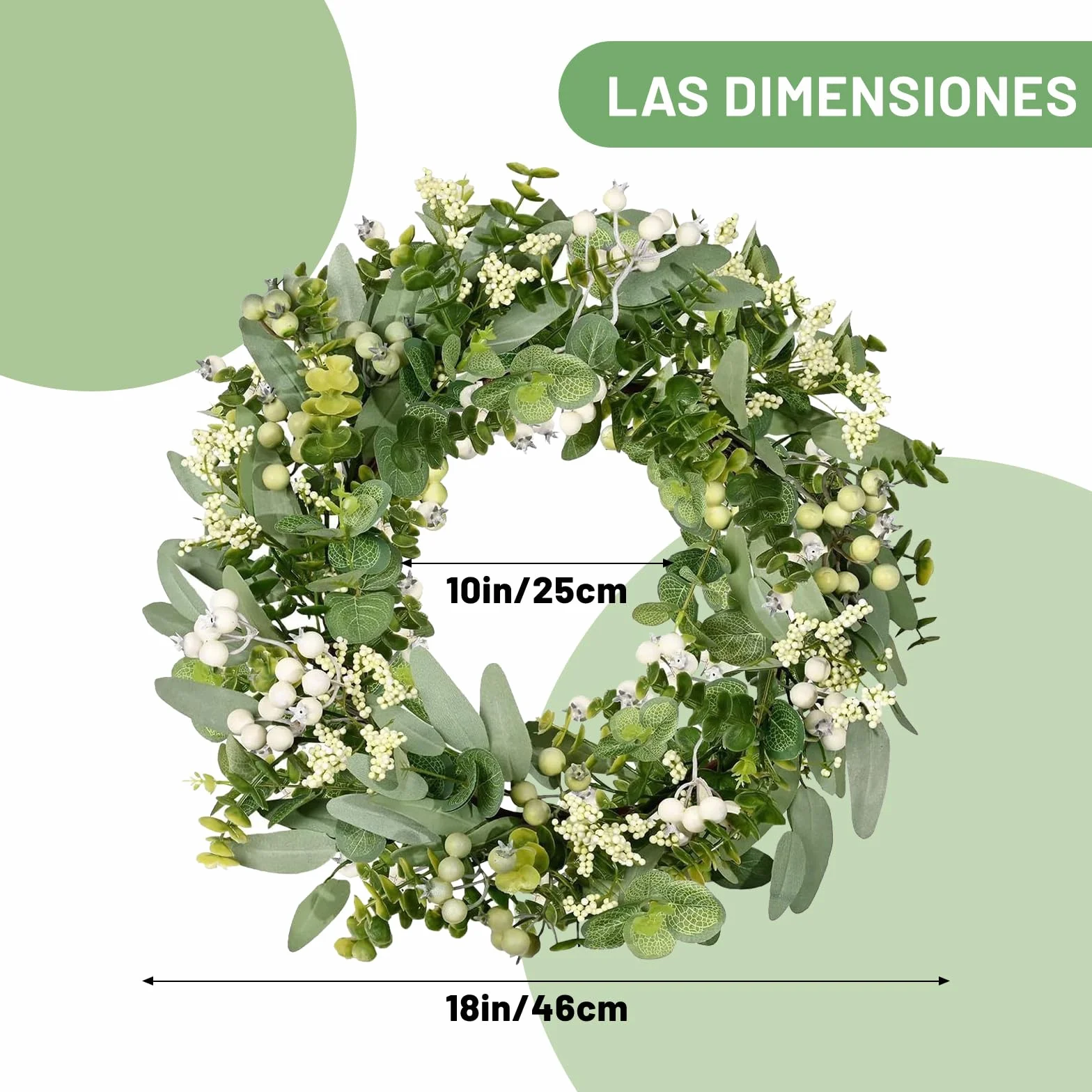 Corona de Eucalipto y Bayas de 46 cm en PE Premium – Corona de Puerta Resistente a la Intemperie para Todo el Año, Decoración para Exteriores de Entrada, Jardín y Exteriores
