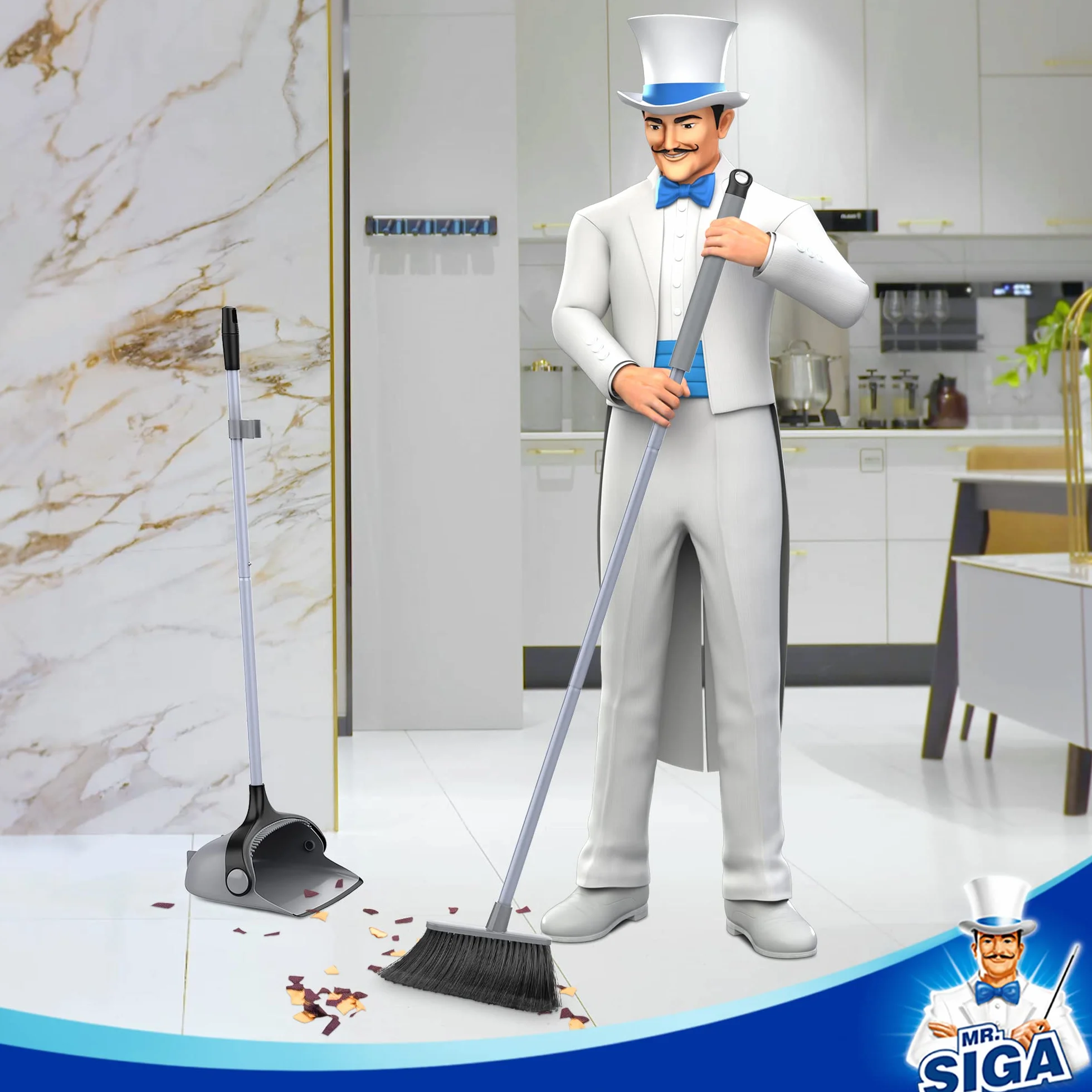 MR.SIGA Juego de Escoba y recogedor de Mango Largo, Combo de barredora Vertical y recogedor para Limpieza de Pisos, Gris