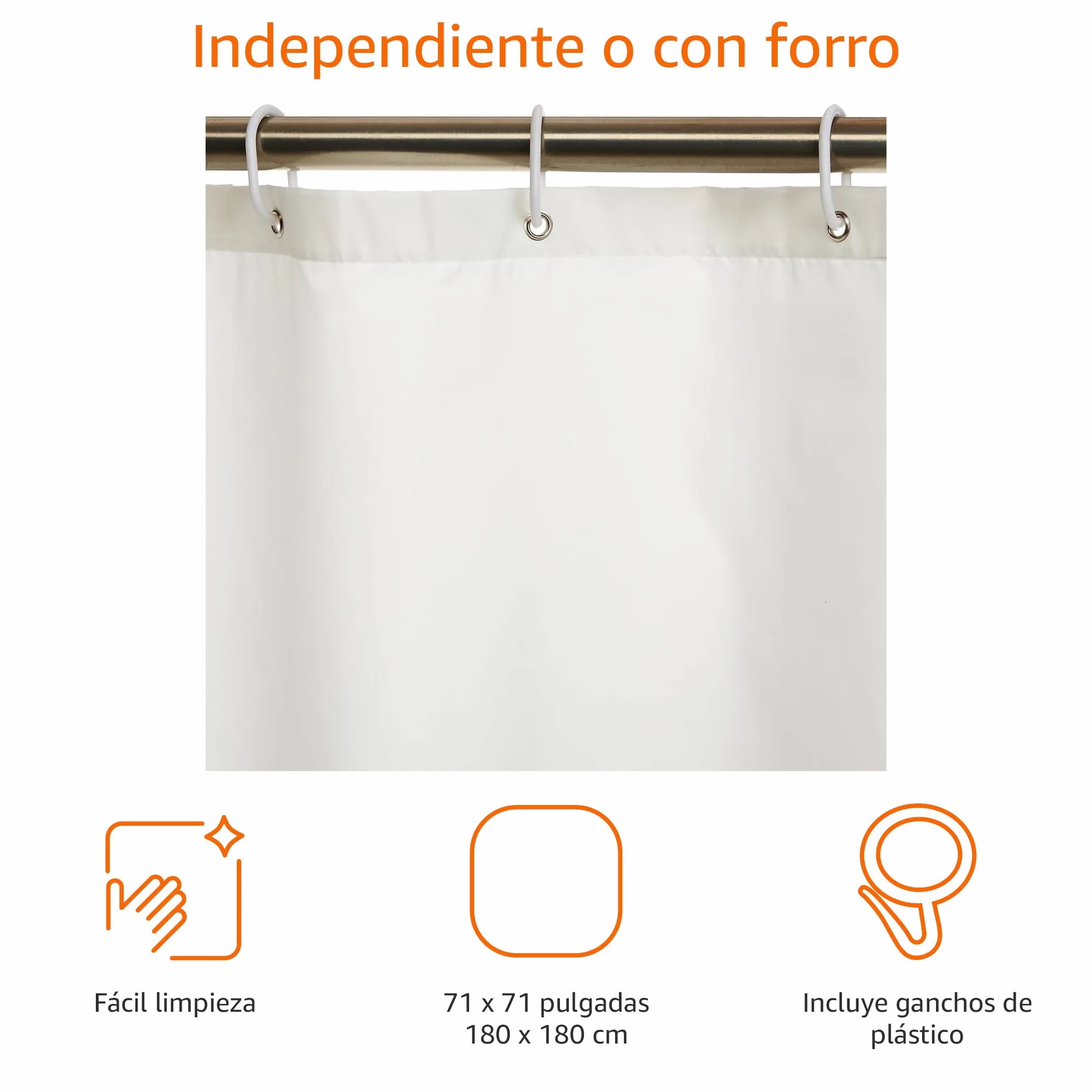 Amazon Basics Cortina de Ducha de Tela Resistente al Agua y al Moho, con Ojales y Ganchos, Lavable a máquina, 180 x 180 cm, Color Blanco