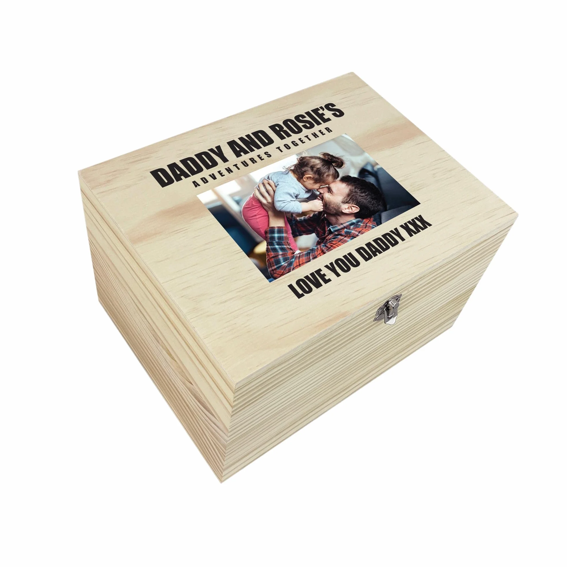 Caja de recuerdos personalizable con texto en inglés "Pino personalizable", regalo del día del padre, caja de recuerdos de madera personalizada, carga tu propia foto, bisagras y cierre de metal, 26 cm