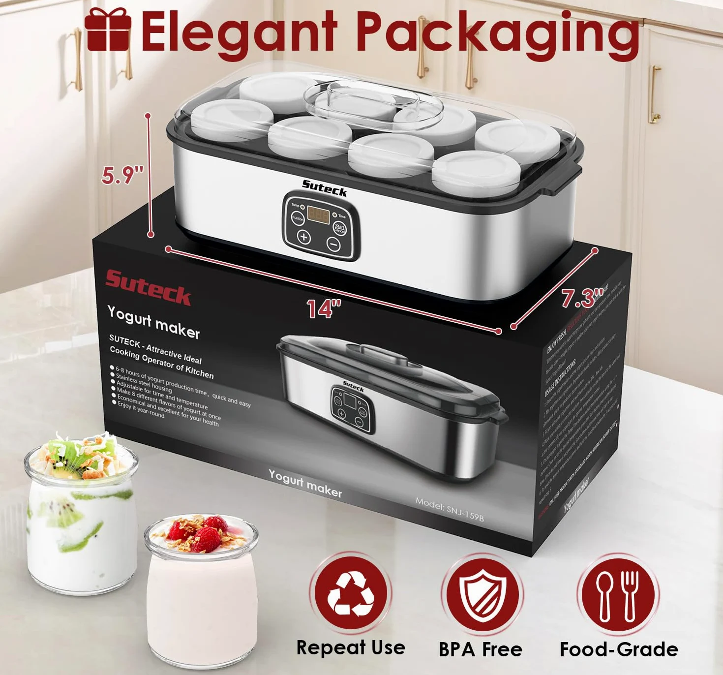 Suteck Máquina de yogur de acero inoxidable con control de tiempo y temperatura ajustable, apagado automático y temperamento constante para yogur griego, probiótico, sin BPA, 8 botellas