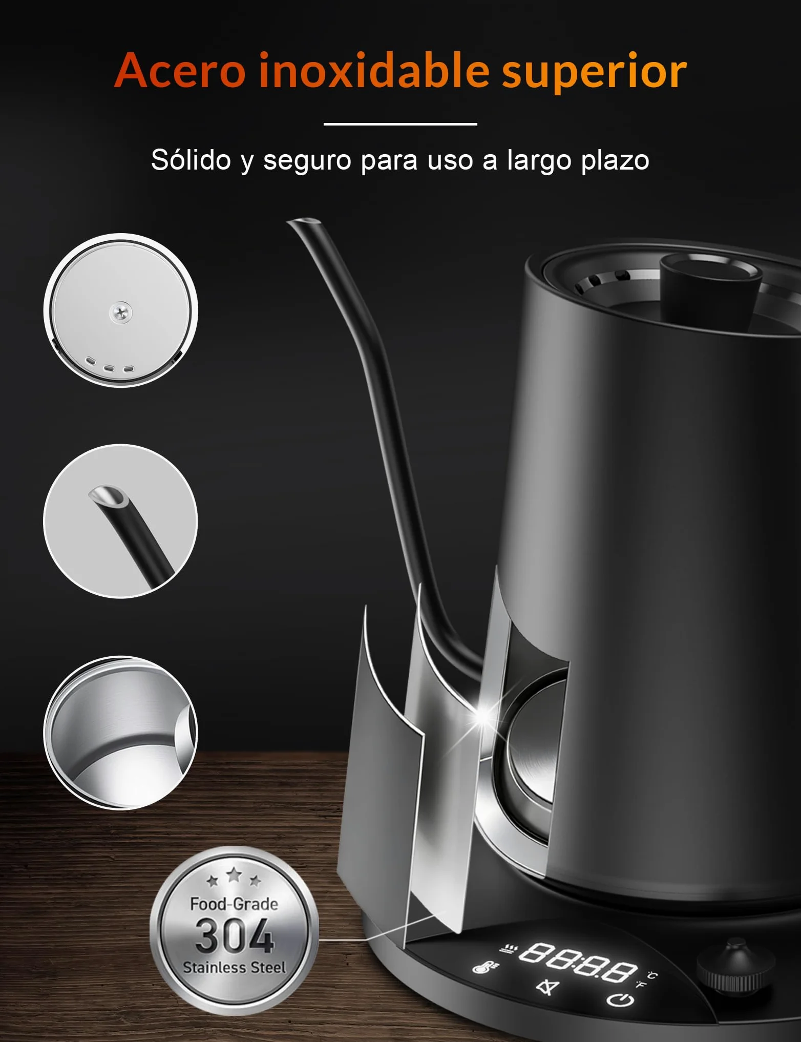 Hervidor de agua de acero inoxidable con ajuste de temperatura, hervidor de cuello de cisne, 24-horas tetera eléctrica con indicador de temperatura, hervidor de café, 0,9L, 1200W