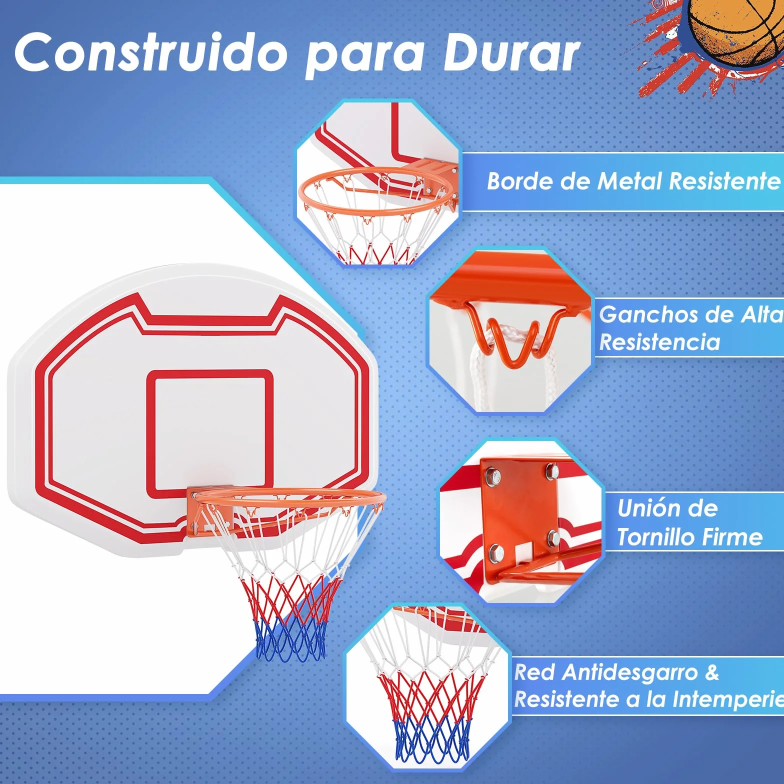 GOPLUS Canasta de Baloncesto de Montaje en Pared, Tablero de PE 91x61 cm, Aro Estándar de 45 cm