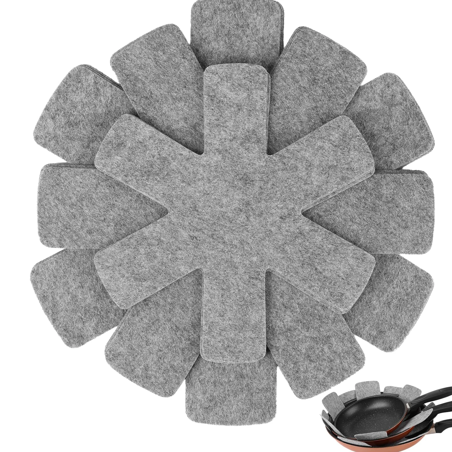 BOYAN Protectores para ollas y sartenes, juego de 12 y 3 tamaños diferentes, almohadillas divisoras de utensilios de cocina, protectores de sartenes apilables, almohadillas separadoras de ollas para