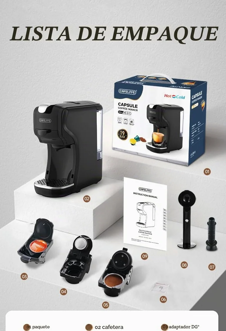 CAFELFFE MK-611 Cafetera de cápsulas 3 en 1, altura de taza ajustable, máquina de café espresso caliente/frío para uso doméstico/oficina, compatible con máquinas de café NES Original/DG/Ground