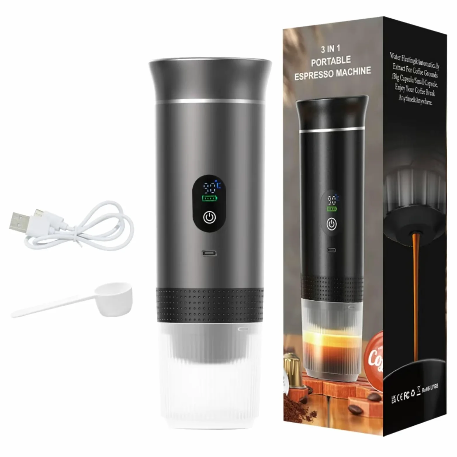 Cafetera portátil con autocalentamiento, 3 en 1, recargable, para coche, camping, viajes, compatible con cápsulas y café en polvo, gris