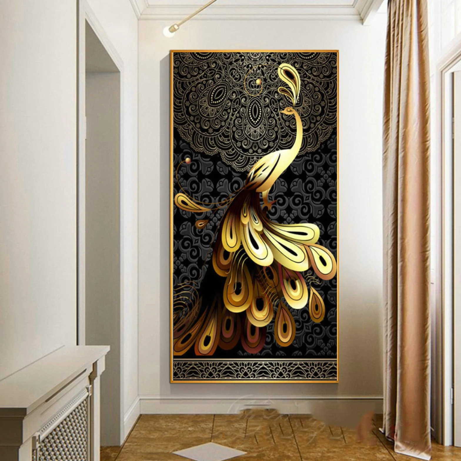 KEBIA Póster mural para la decoración de la habitación Póster sobre lienzo Pintura Oro negro Pavo real Imagen de arte de la pared Impresiones HD escandinavo 90x180cm Sin marco