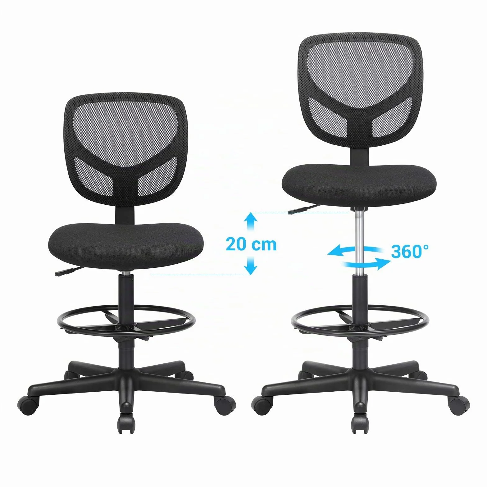 SONGMICS Silla de Malla Giratoria, Altura y Reposapiés Regulables, Silla de Dibujo Ergonómica, Silla de Oficina sin Reposabrazos, Asiento de Tela, Carga máxima de 120 kg, Negro OBN15BK