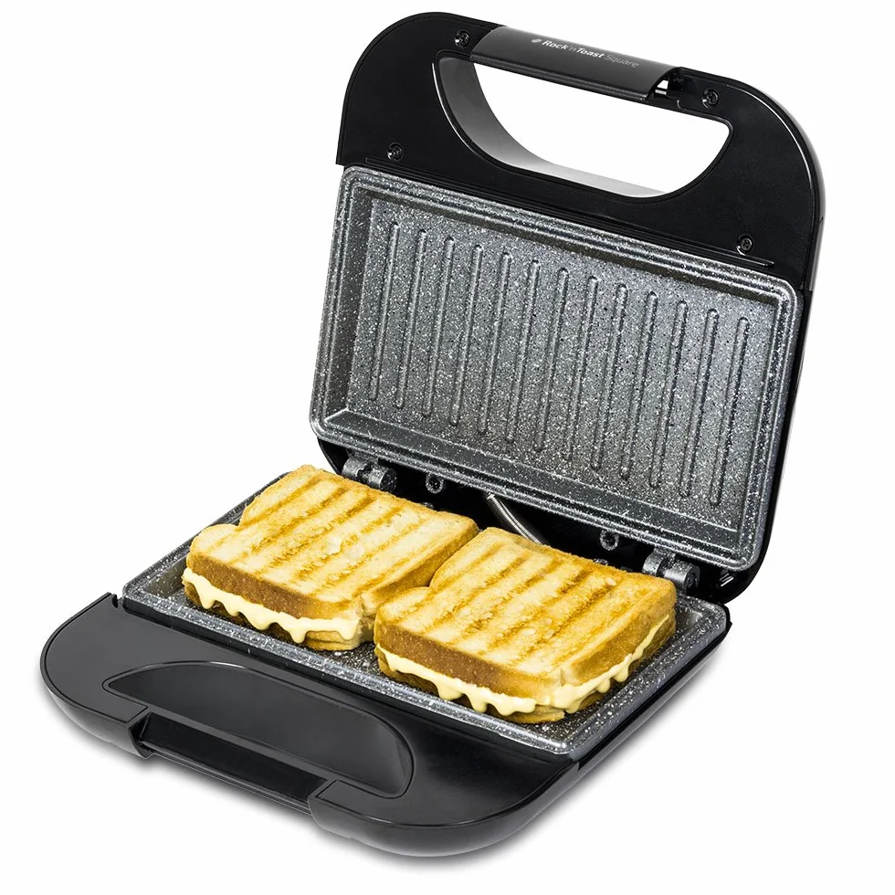 Cecotec Sandwichera con Revestimiento Antiadherente Rock’nToast Square. 750 W, Revestimiento de Piedra, Capacidad para 2 Sándwiches y Superficie Grill, Asa Tacto Frío, Recogecables