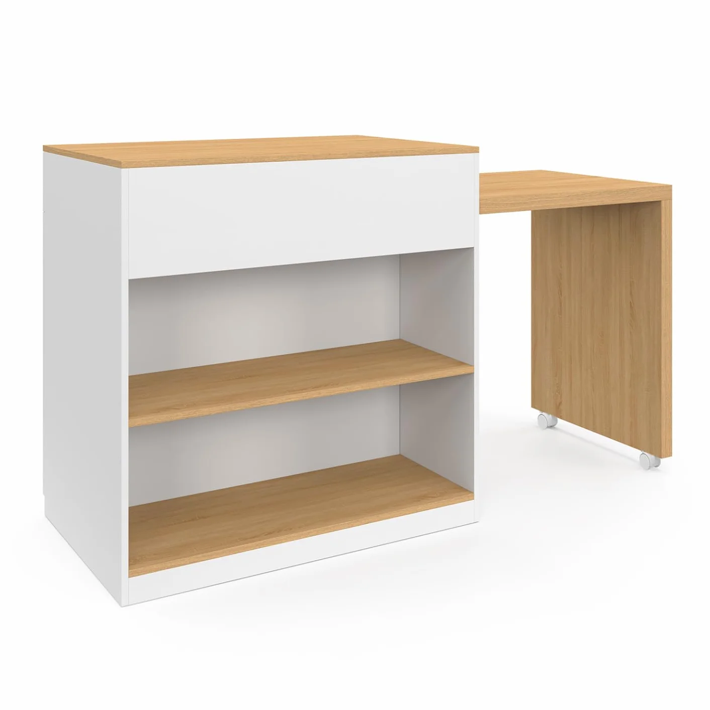 IDMarket - Isla Central VITO 94-155 cm Madera Blanca con Mesa de Comedor Extensible Integrada estilo Haya