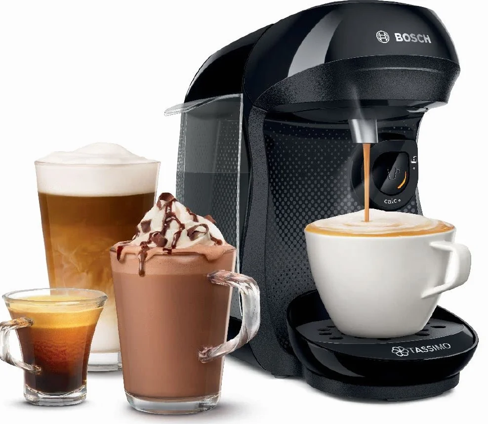 Bosch - Cafetera multibebida TASSIMO HAPPY, más de 40 especialidades, OneTouch, servicio individual, tamaño compacto, INTELLIBREW, negro, TAS1002N