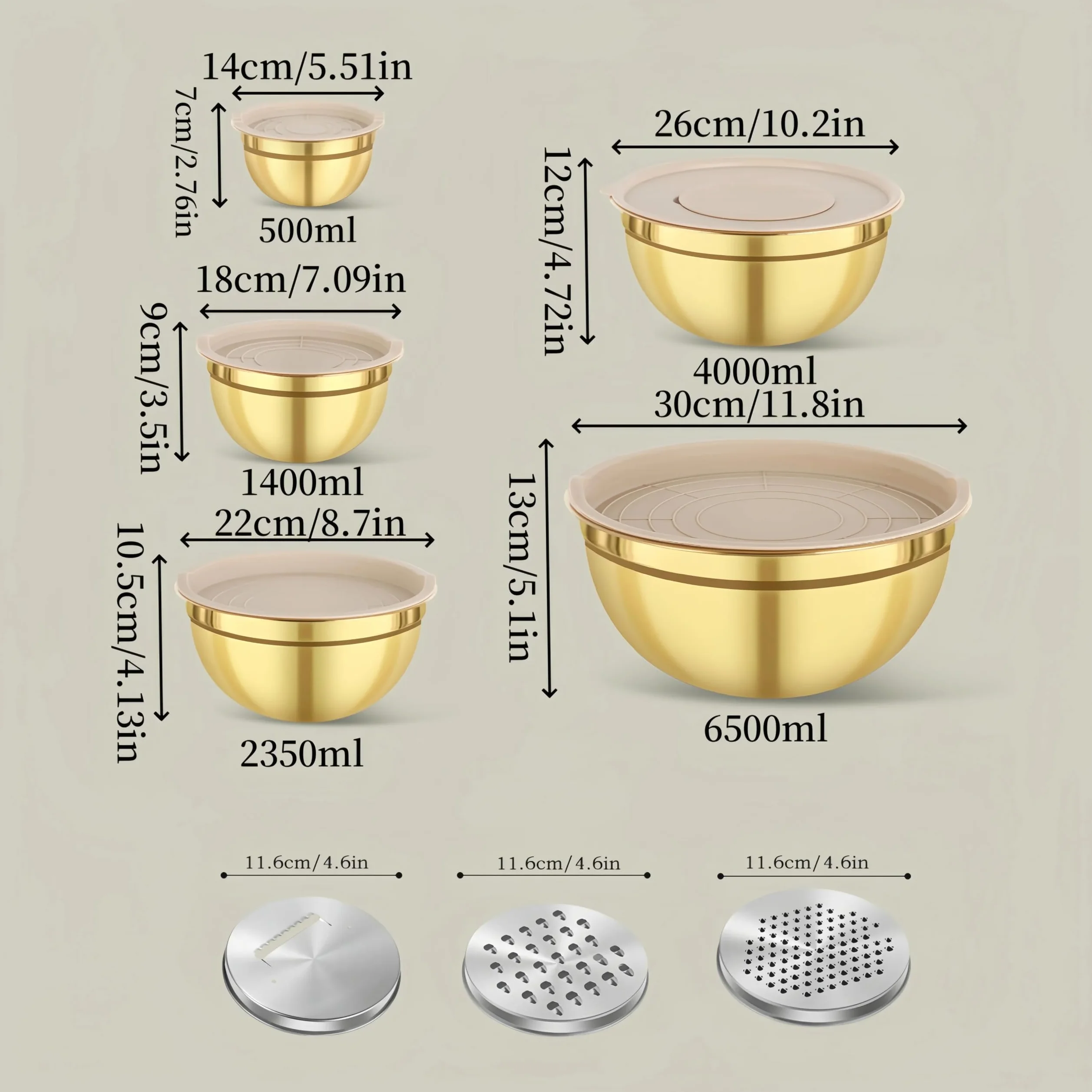 Tazón Para Mezclar Juego de tazones for mezclar acero inoxidable dorado | 10 piezas con sacapuntas de tapa for hornear ensalada de cocción