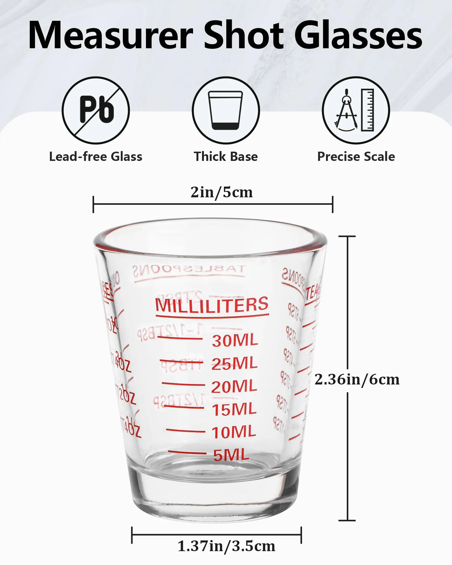 Vasos de chupito medidores, paquete de 2 vasos de chupito para expreso, vidrio pesado líquido, 26 mediciones incrementales, 28.3 g, 2 cucharadas, 6 cucharaditas, 30 ml, herramientas de cocina (rojo)