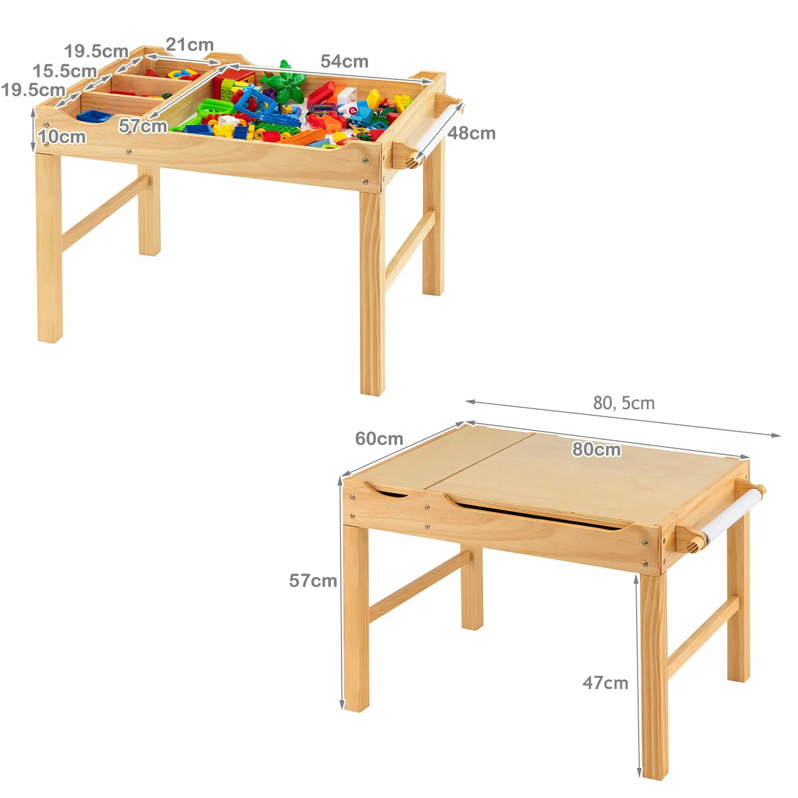 LIFEZEAL 2 en 1 Mesa de Actividades Infantil, Mesa de Dibujo y Bloques de Construcción con Espacio de Almacenaje, Bandeja Reversible, Rodillo para Papel, Escritorio de Madera para Niños (Natural)