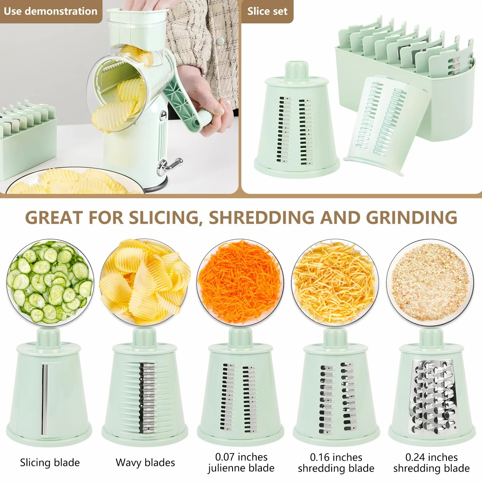 Rallador giratorio de queso y rebanador de mandolina con 5 cuchillas intercambiables, corte sin esfuerzo para queso, verduras, frutas, frutos secos, diseño fácil de limpiar para uso en cocina
