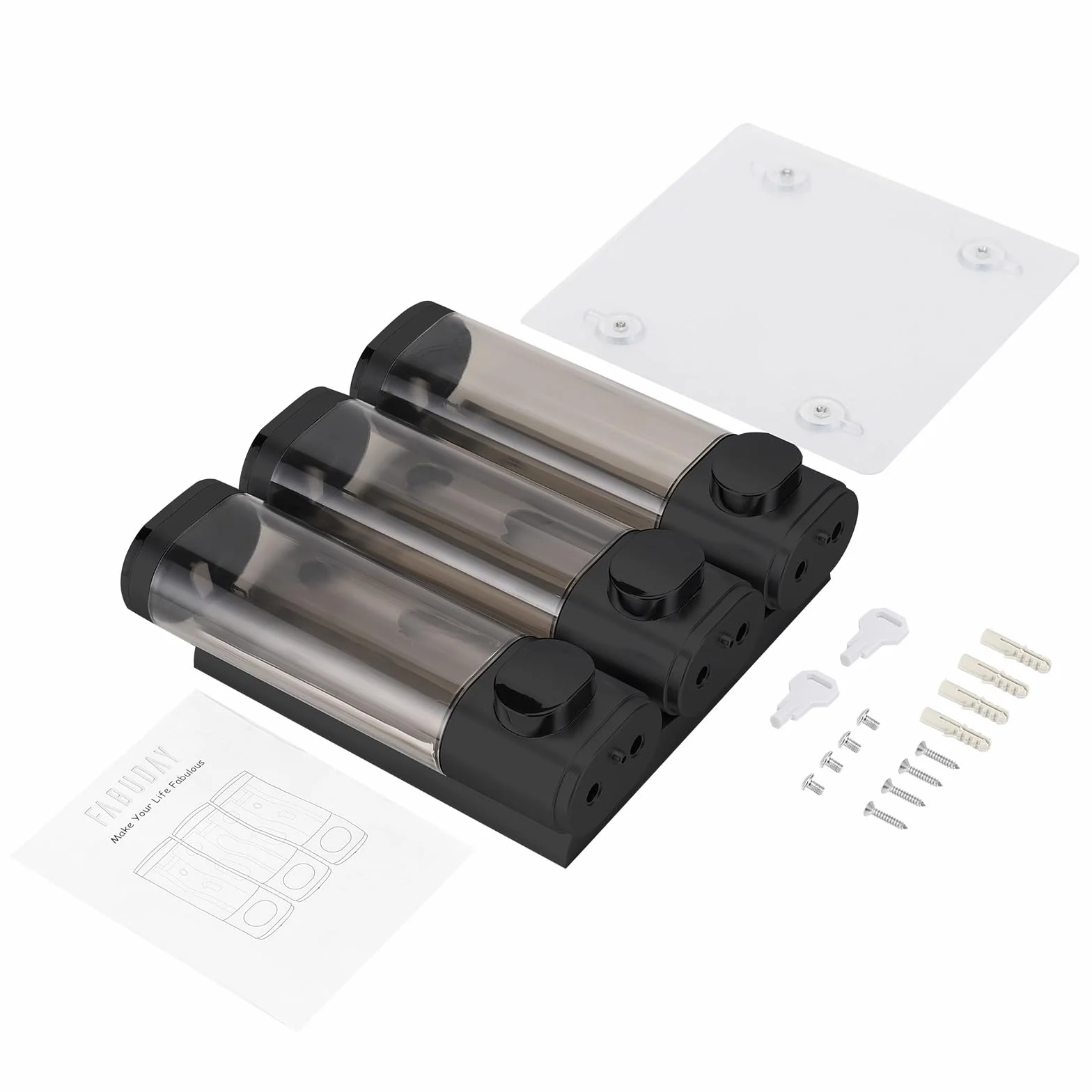 Dispensador de jabón de pared, dispensador para gel de ducha, juego de 3 dispensadores de jabón sin perforación, liberación uniforme del líquido, a prueba de fugas, adecuado para champú, gel de ducha