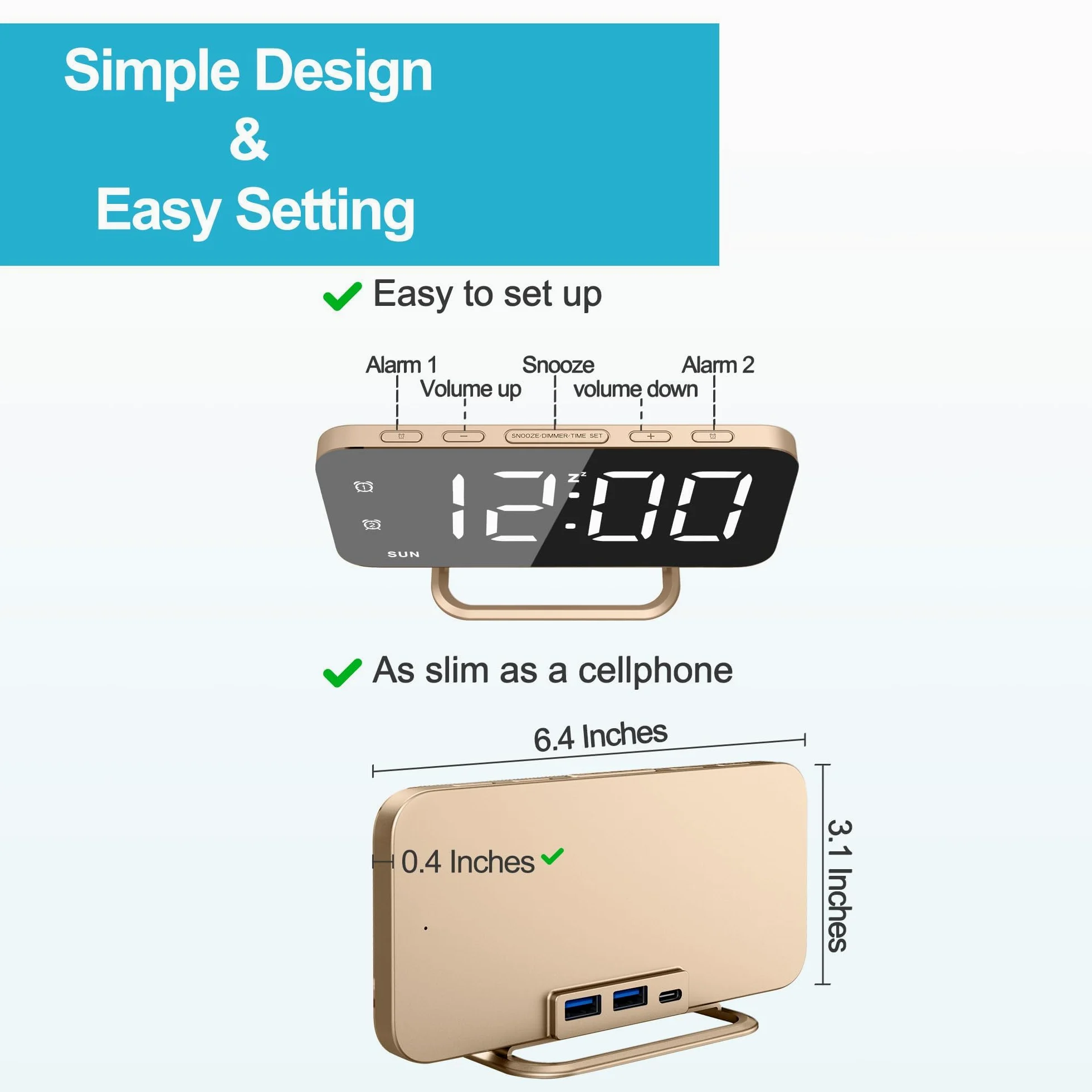 JALL Despertador digital LED delgado con superficie de espejo con función de atenuación, pantalla grande, fácil ajuste y puertos de carga USB