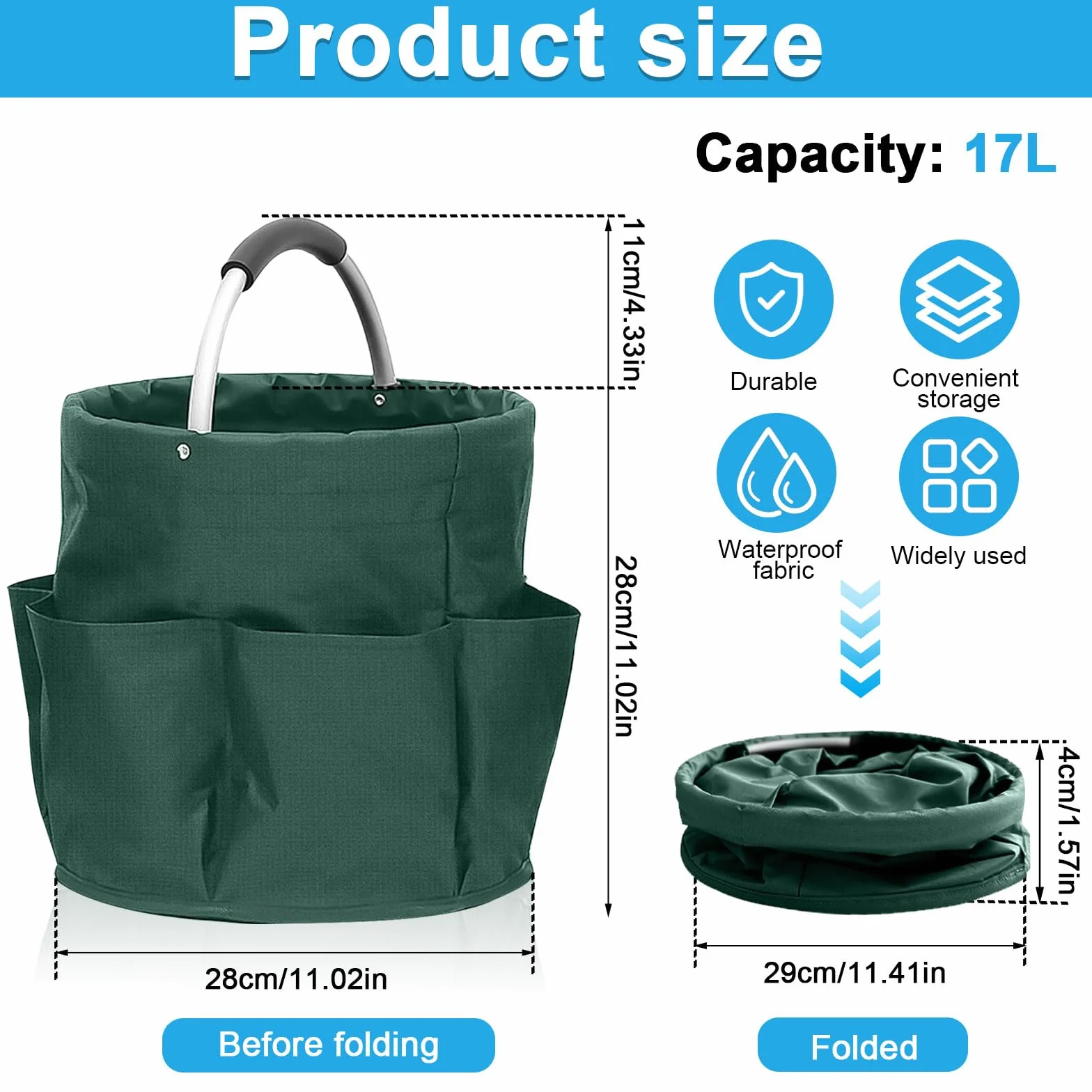 Organizador de productos de limpieza, bolsa de limpieza plegable con asa y 6 bolsillos para el hogar, jardín y baño, portátil y ahorra espacio, verde