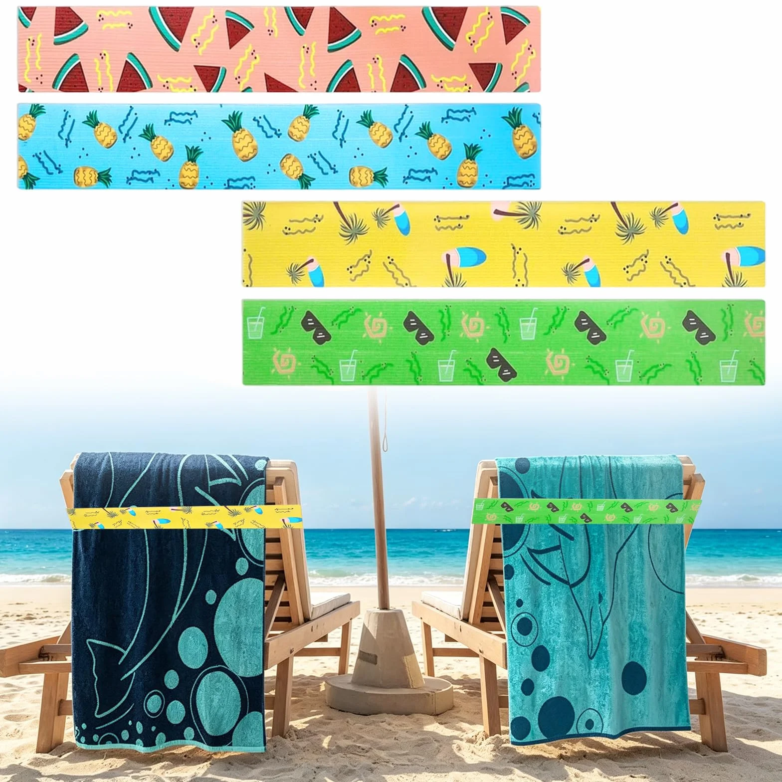 4 Piezas Bandas Elásticas para Sillas de Playa, Correas de Fijación Firme para Crucero, Antiviento Clips de Toalla para Tumbonas, Silla Piscina, 5 x 30cm