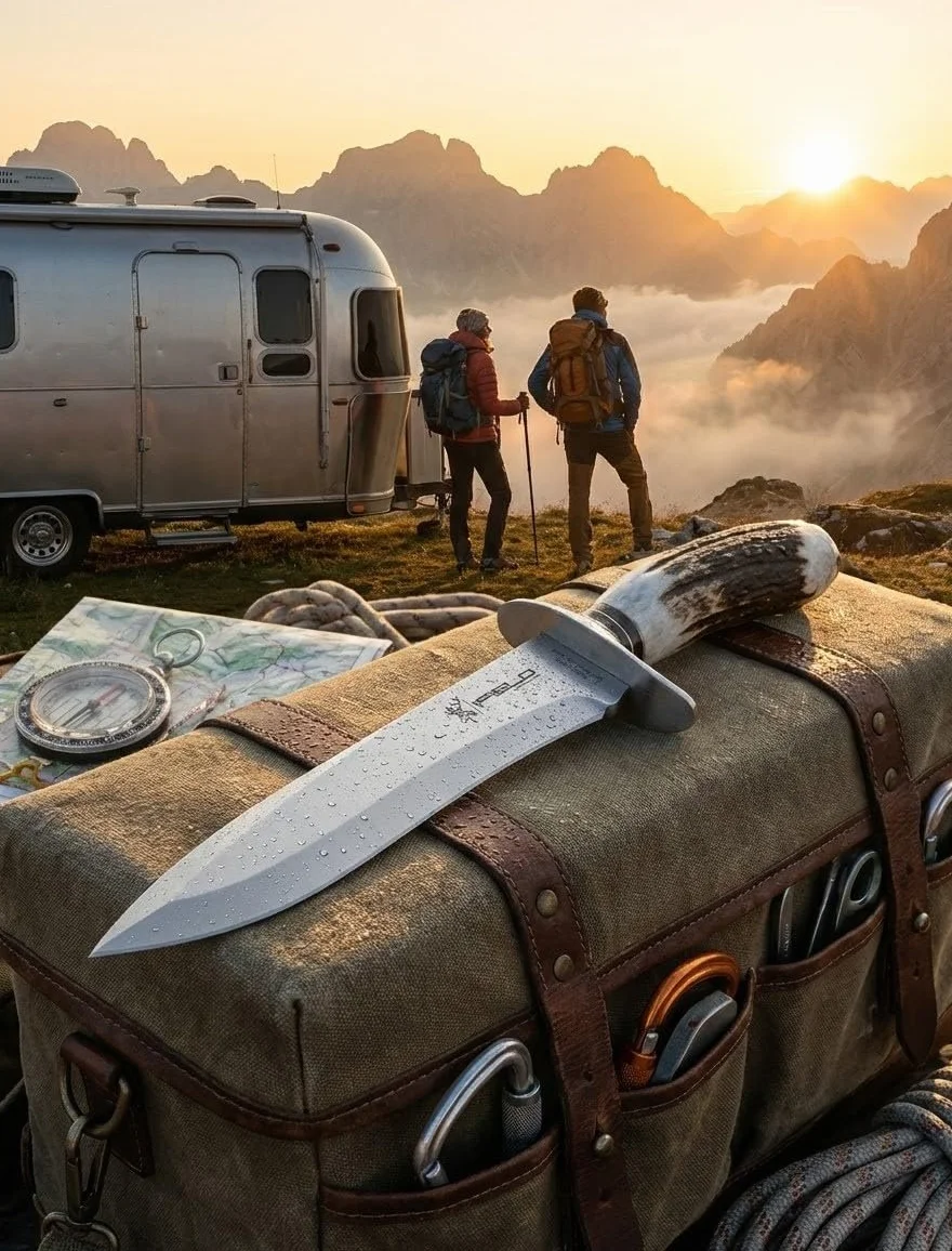 iFIELD Cuchillo de caza Camper EL29012, mango asta de ciervo, 37 cm, hoja 23,5 cm, funda piel marrón