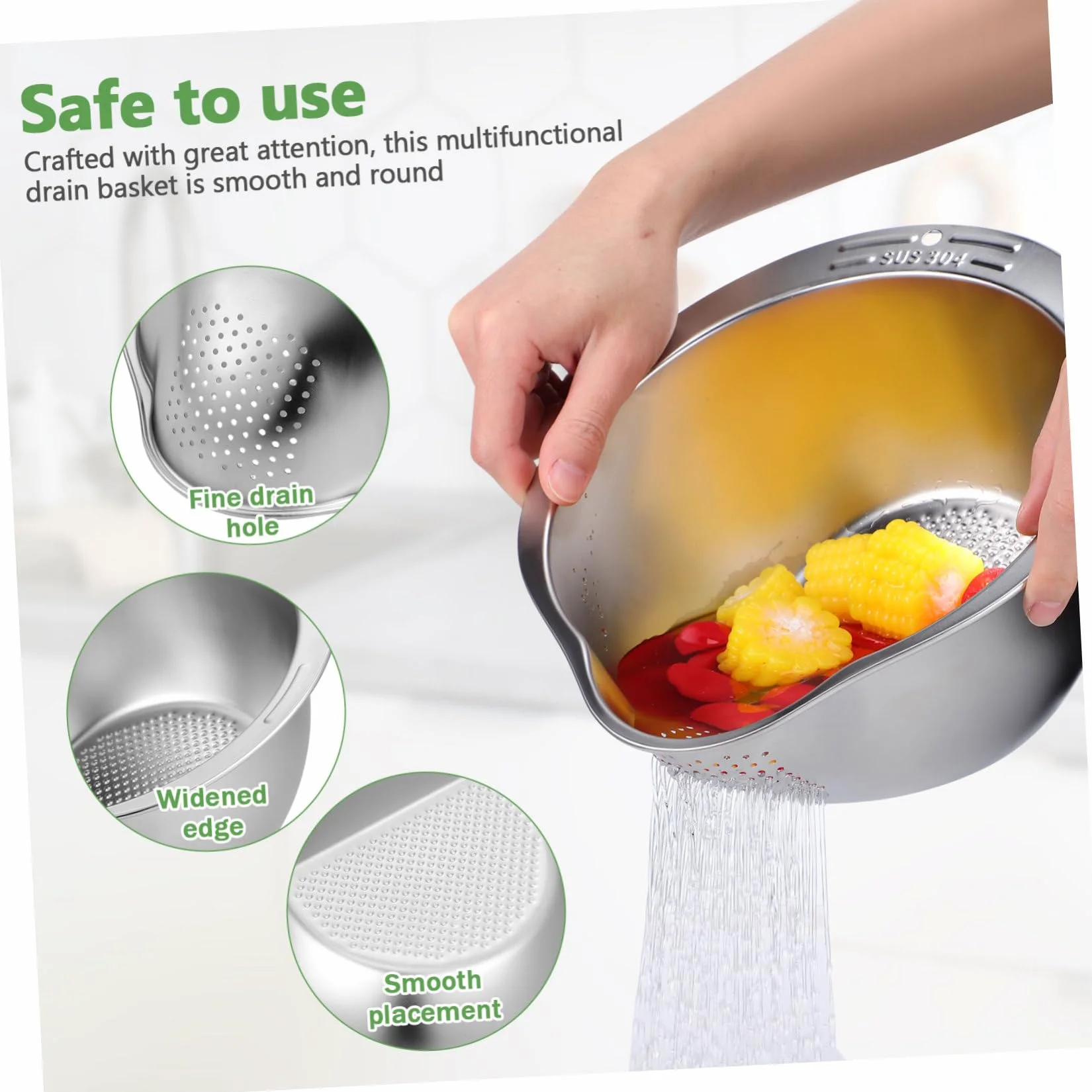 GLEAVI Lavadero de Arroz Acero Inoxidable Colador Multifuncion para Cocina Tazón Escurridor Alimentos Lavar Arroz Fruta Vegetales