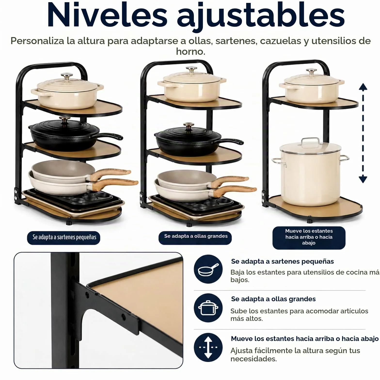 Organizador de sartenes para cocina, estante de cocina, sartén de cocina, estante de almacenamiento escalonado, estante de almacenamiento de 3 niveles ajustable para armario
