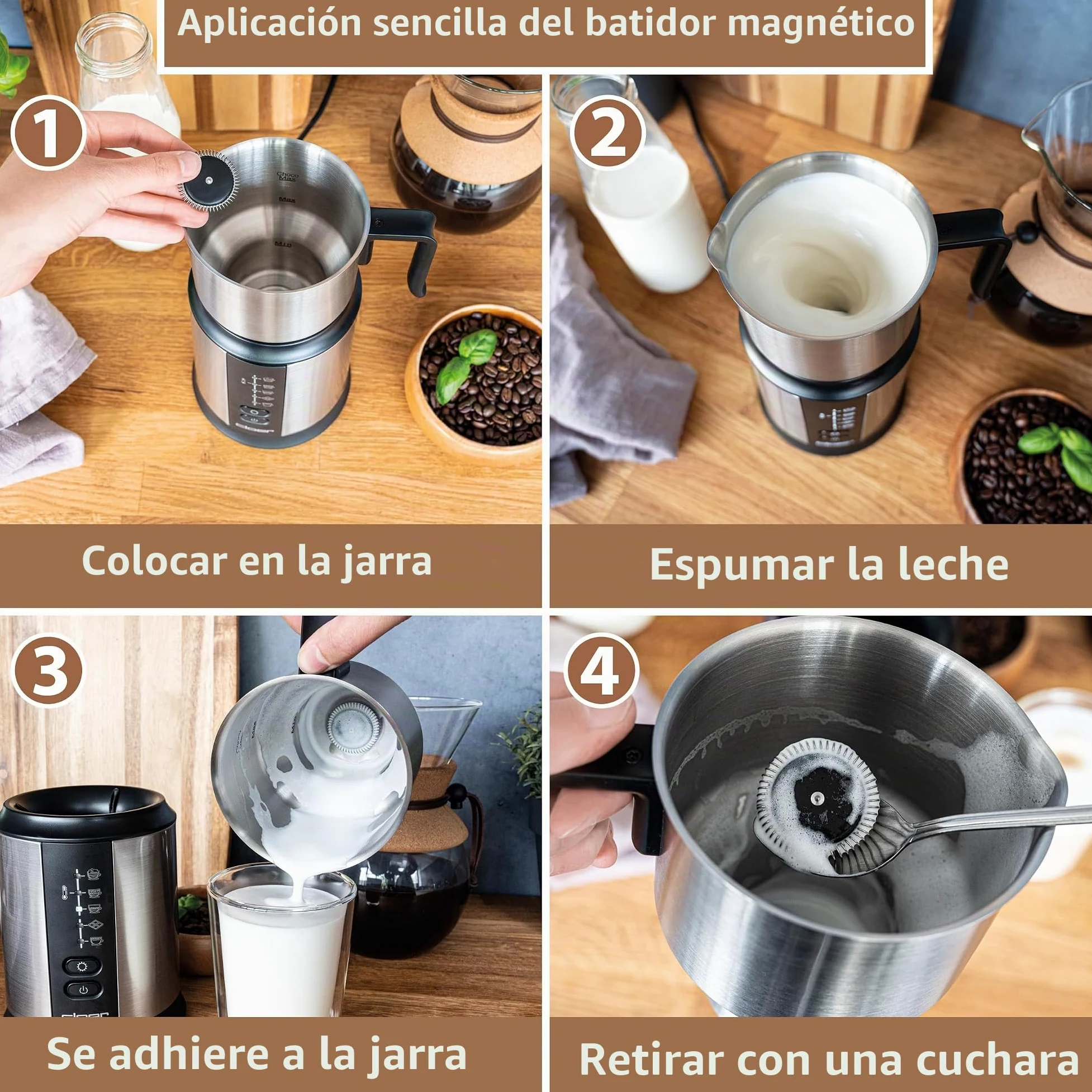 Cloer 7789 Espumador de leche de inducción XL800, espuma de leche 600 ml, chocolate caliente 500 ml, recipiente de 800 ml, control electrónico, 500W, bobina espumante magnetica