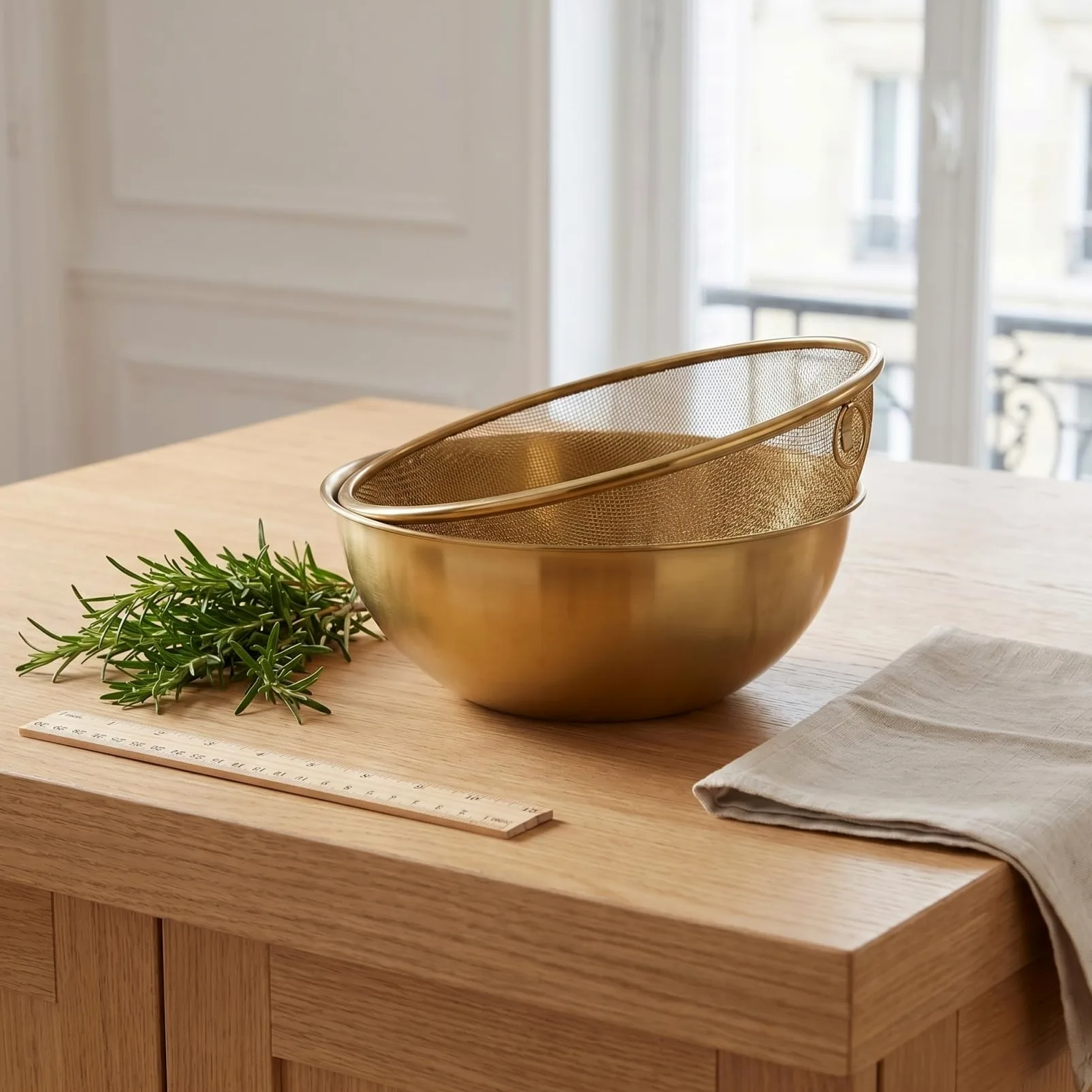 Cabilock Colador de acero inoxidable dorado de 24 cm con malla fina, cesta escurridora redonda para lavar y escurrir arroz, frutas, verduras y pastas, tamiz de cocina para fregadero y preparación