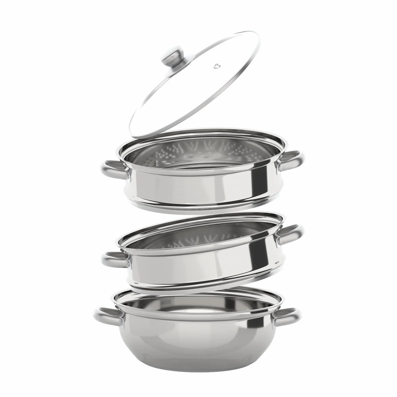 Vaporera de 3 Niveles de Acero Inoxidable, Diámetro de 28cm, Plata