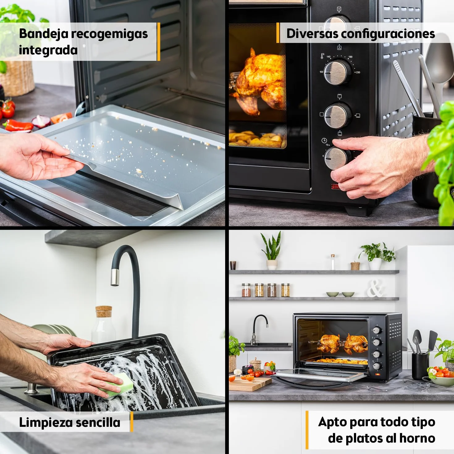TZS First Austria - Mini Horno 60L 2000W - Minihorno espacioso para pizza con temperatura hasta 230°C y 6 modos - Con temporizador 60 min, 4 alturas de inserción, bandeja, rejilla y asador giratorio
