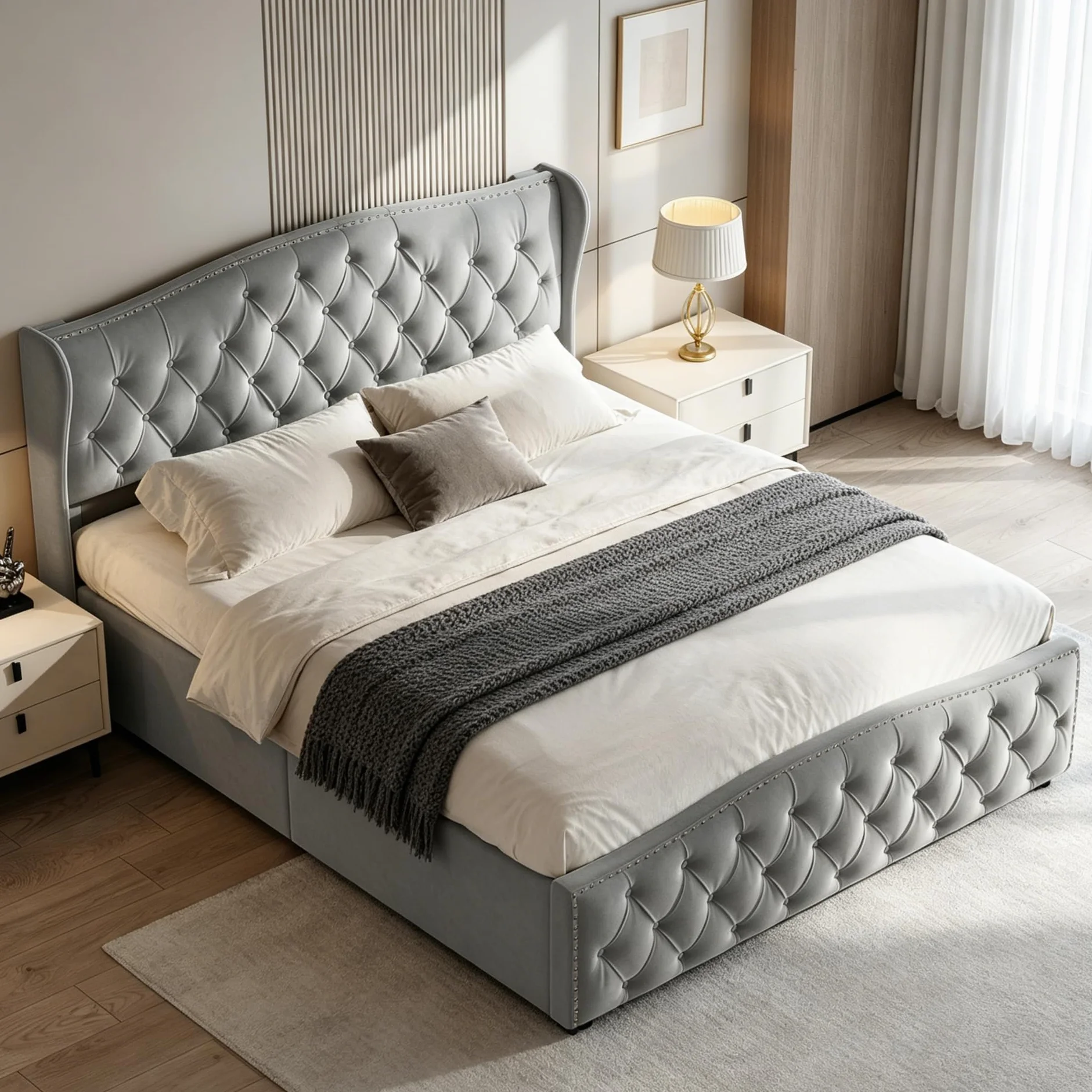 BRILVERDE Cama Tapizada 140x200 con Almacenaje, Cama matrimonial, Cabecero Acolchado y Base de Láminas, Terciopelo (Gris, 140 x 200 cm)