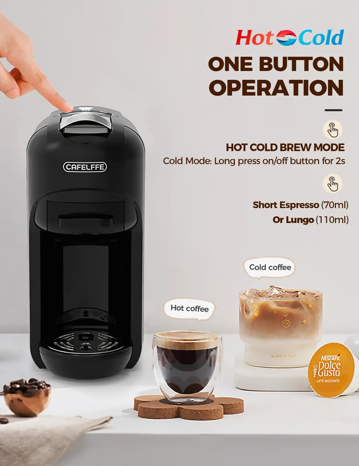 CAFELFFE Cafetera de cápsulas 5 en 1 MK-606 con volumen de café ajustable, preparación en frío/calor, 19 bares, para cápsulas Nes* Original, DG*, Kcup, ESE y café en polvo, 0,6 L, regalo