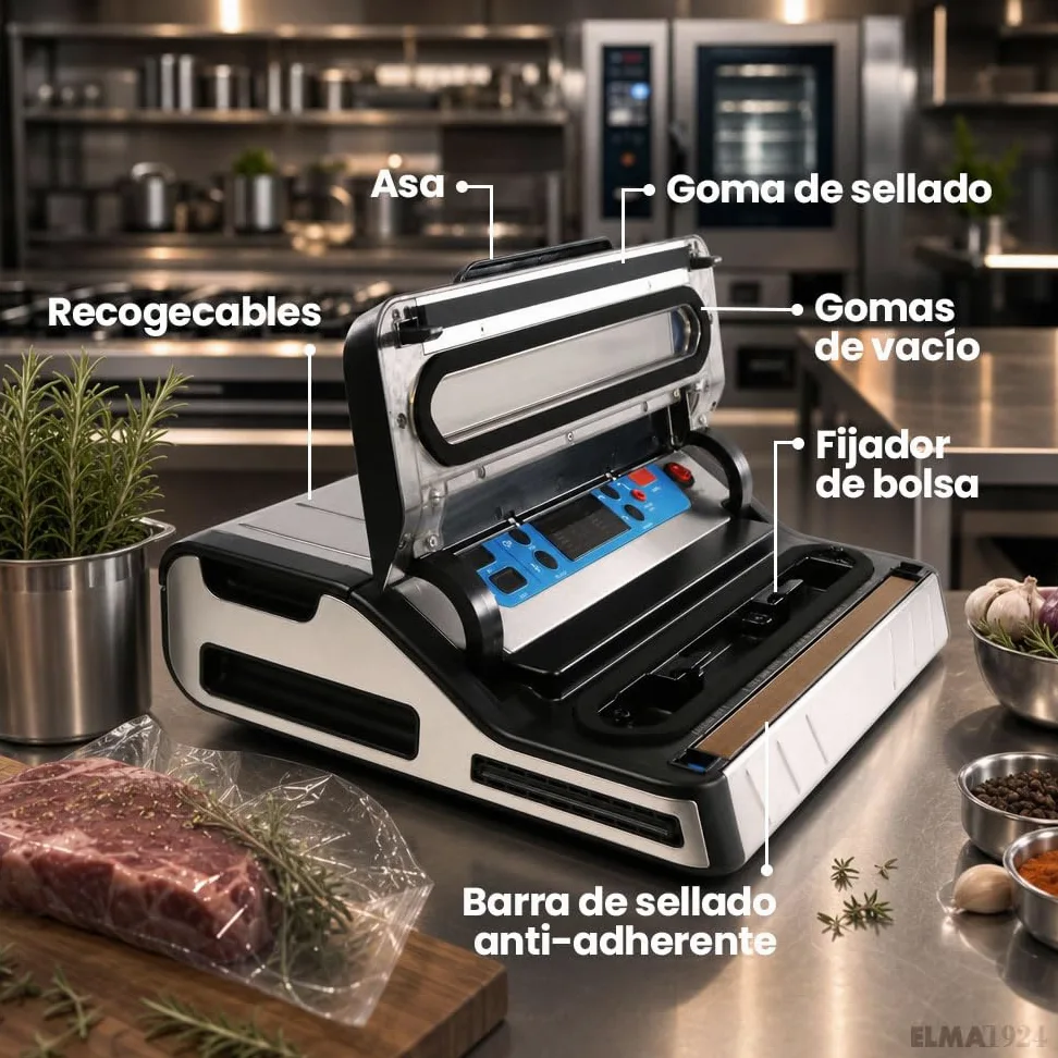 ELMA Envasadora al Vacío Profesional Digit Free | 20 L/min | Acero Inoxidable | Pantalla LED | Sellado MOIST para Húmedos, Función Marinado | Portarrollos con Cutter | Uso Intensivo