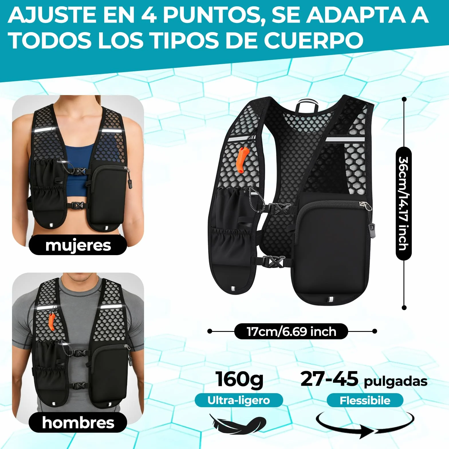 Chaleco Running Hombre Mujer, Ultraligero 160g Mochila Running Botella Agua 500 ml, Chaleco Trail Running Ajustable Reflectante con Silbato y Bolsillos para Maratón Ciclismo Senderismo